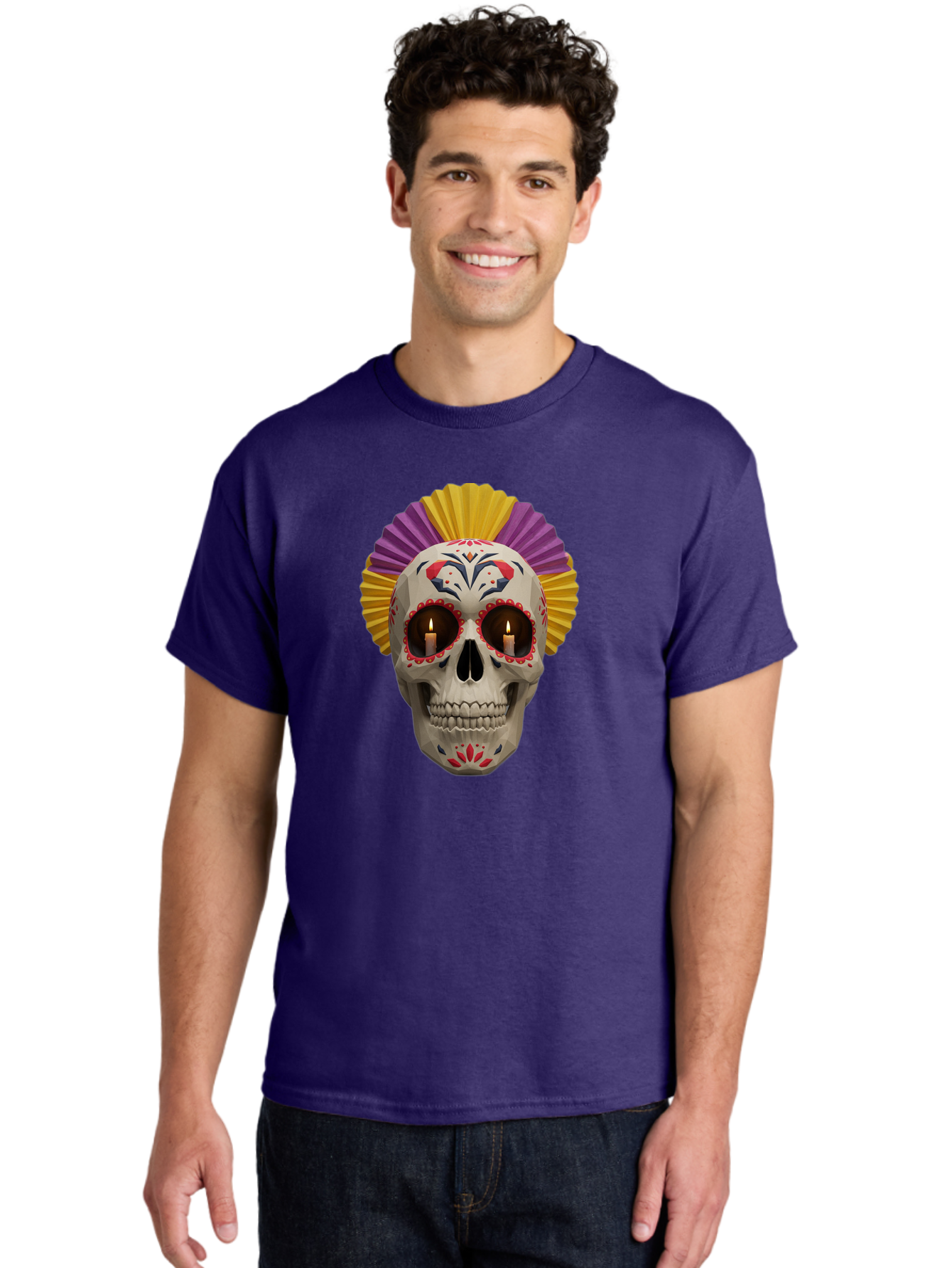 Sugar-Skull-6 Men'S Graphic Tee, 100% Cotton, Comfortable Casual Summer Wear, Machine Washable, Sugar Skull, Day Of The Dead, Mexican Culture, Lit Candles, Decorative Patterns, Vibrant Colors, Festive Decorations, Skull Art, Bad778 17