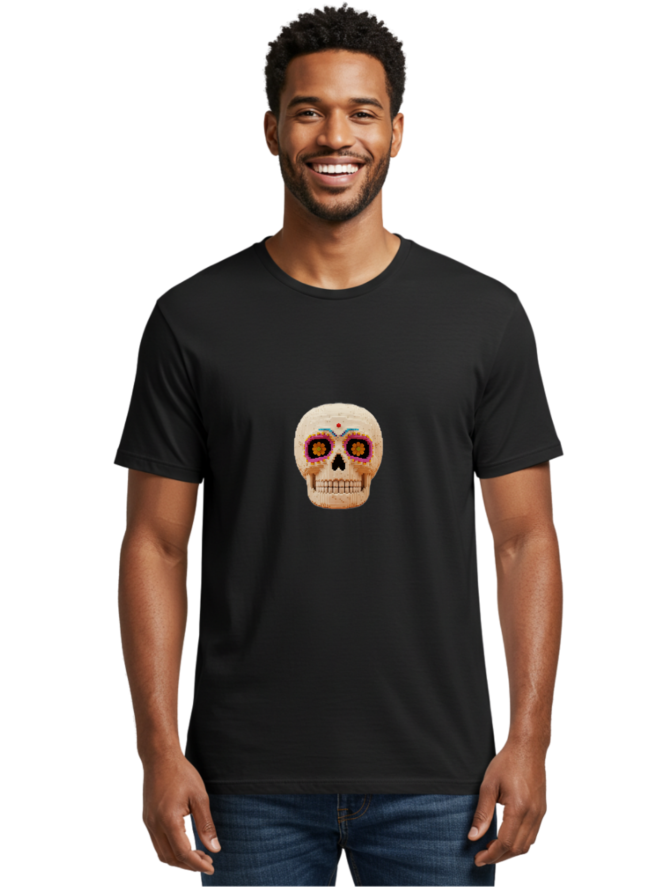 Sugar-Skull-7 Men'S Graphic Tee, 100% Cotton, Comfortable Casual Summer Wear, Machine Washable, Sugar Skull Decoration, Day Of The Dead, Colorful Skull, Mexican Culture, Festive Design, Vibrant Colors, Floral Patterns, Traditional Art Bad779 25
