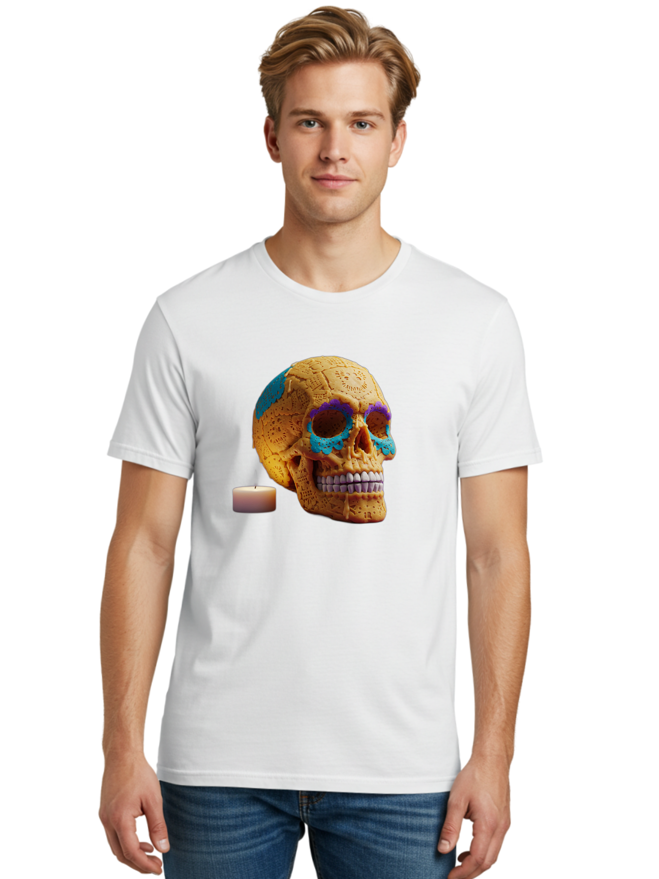 Sugar-Skull-8 Men'S Graphic Tee, 100% Cotton, Comfortable Casual Summer Wear, Machine Washable, Sugar Skull, Day Of The Dead Celebration, Vibrant Decorations, Intricate Designs, Decorative Skull, Traditional Mexican Art, Festive Atmosphere, Bad780 26