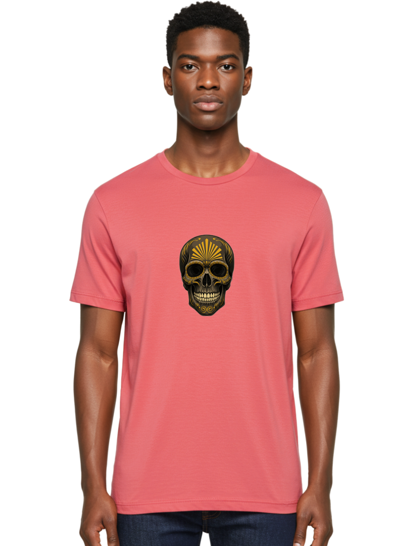 Sugar-Skull-9 Men'S Graphic Tee, 100% Cotton, Comfortable Casual Summer Wear, Machine Washable, Sugar Skull, Ornate Design, Golden Accents, Day Of The Dead, Mexican Culture, Vibrant Patterns, Decorative Art, Symbolic Imagery, Intricate Details Bad781 23