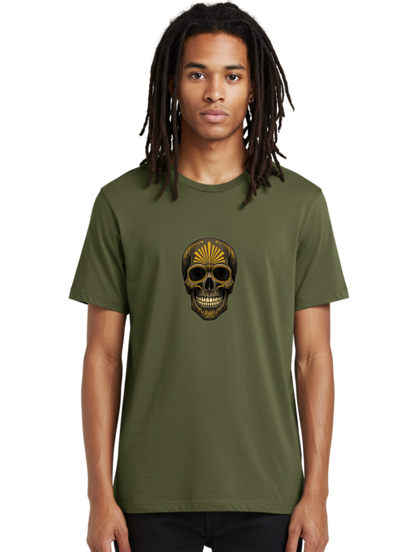 Sugar-Skull-9 Men'S Graphic Tee, 100% Cotton, Comfortable Casual Summer Wear, Machine Washable, Sugar Skull, Ornate Design, Golden Accents, Day Of The Dead, Mexican Culture, Vibrant Patterns, Decorative Art, Symbolic Imagery, Intricate Details Bad781 17