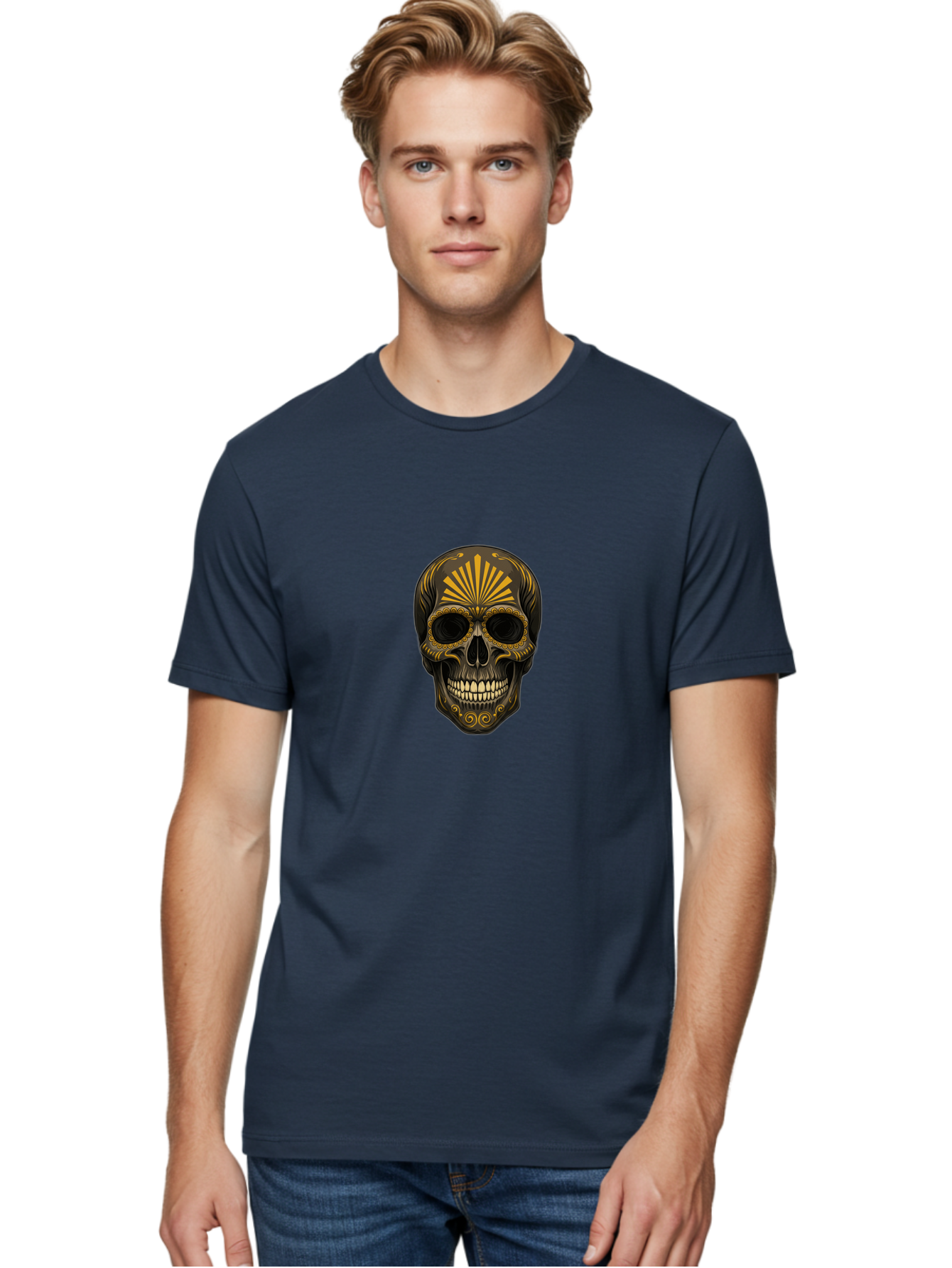Sugar-Skull-9 Men'S Graphic Tee, 100% Cotton, Comfortable Casual Summer Wear, Machine Washable, Sugar Skull, Ornate Design, Golden Accents, Day Of The Dead, Mexican Culture, Vibrant Patterns, Decorative Art, Symbolic Imagery, Intricate Details Bad781 29