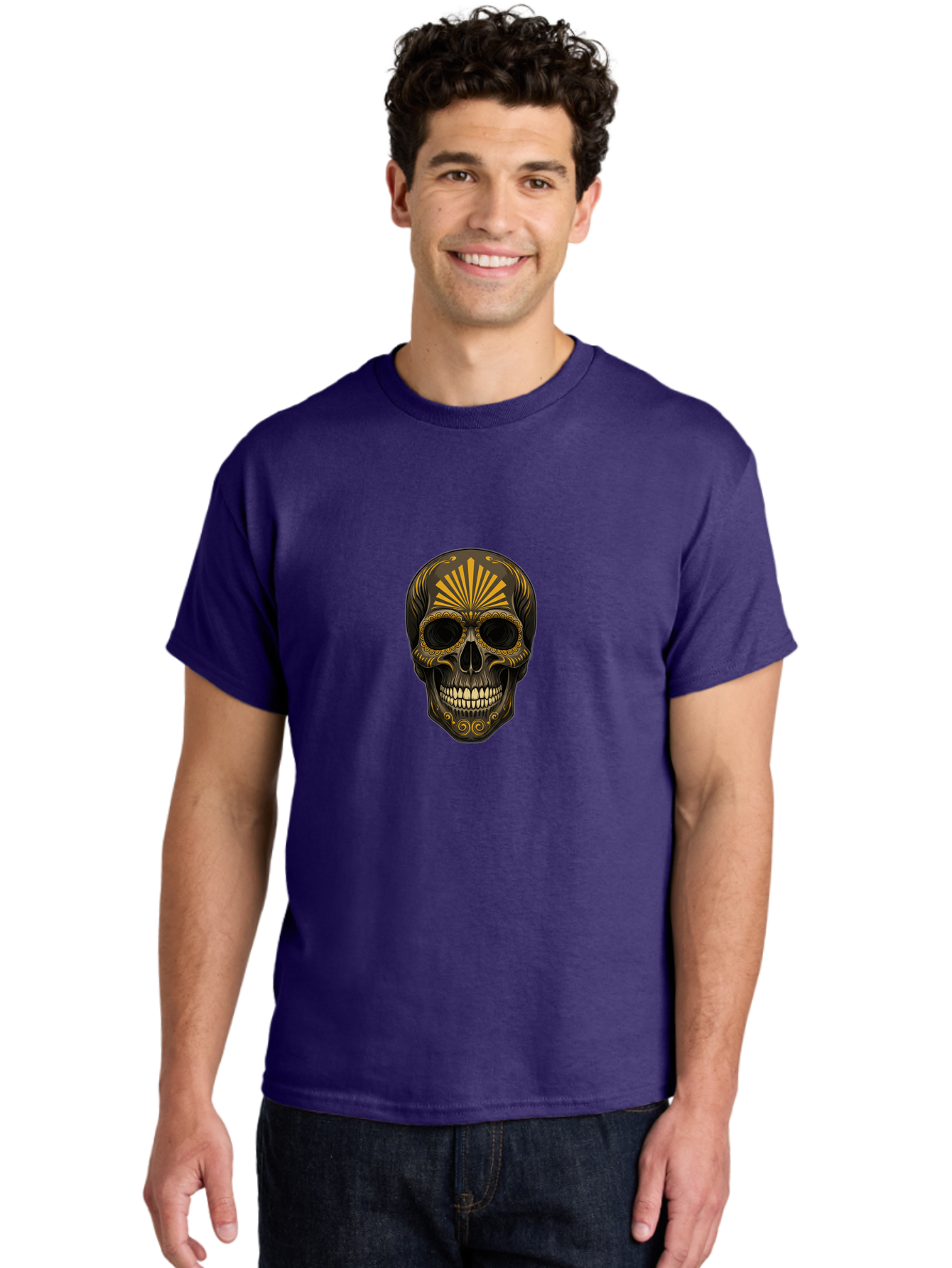 Sugar-Skull-9 Men'S Graphic Tee, 100% Cotton, Comfortable Casual Summer Wear, Machine Washable, Sugar Skull, Ornate Design, Golden Accents, Day Of The Dead, Mexican Culture, Vibrant Patterns, Decorative Art, Symbolic Imagery, Intricate Details Bad781 18