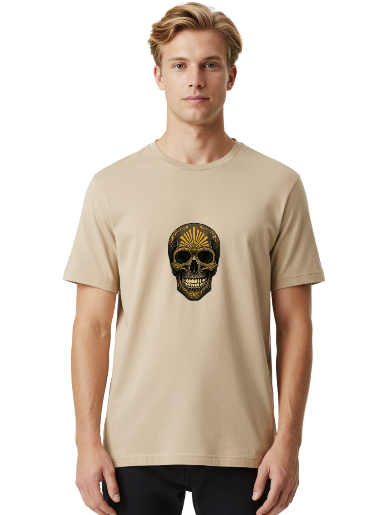 Sugar-Skull-9 Men'S Graphic Tee, 100% Cotton, Comfortable Casual Summer Wear, Machine Washable, Sugar Skull, Ornate Design, Golden Accents, Day Of The Dead, Mexican Culture, Vibrant Patterns, Decorative Art, Symbolic Imagery, Intricate Details Bad781 25