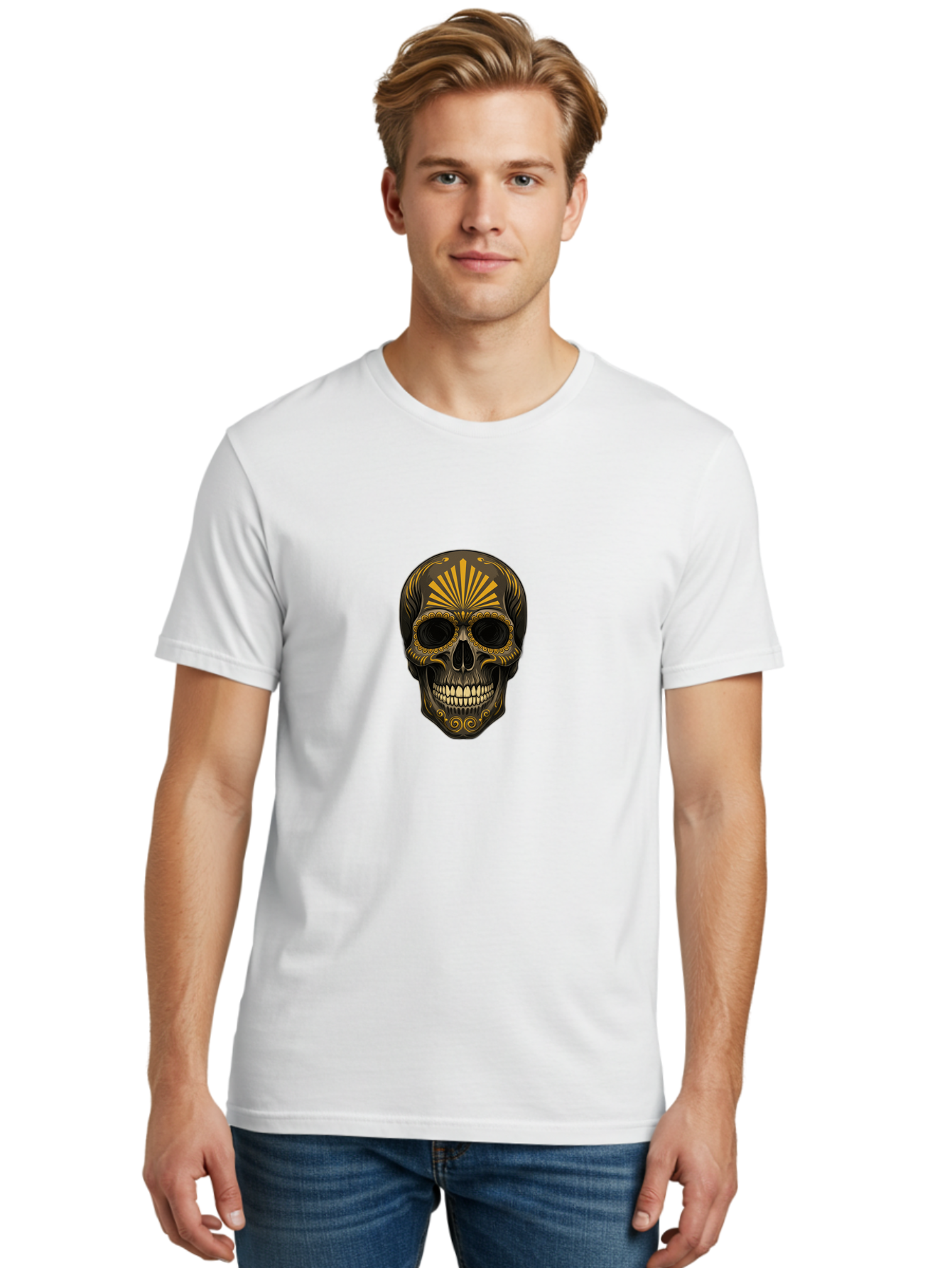 Sugar-Skull-9 Men'S Graphic Tee, 100% Cotton, Comfortable Casual Summer Wear, Machine Washable, Sugar Skull, Ornate Design, Golden Accents, Day Of The Dead, Mexican Culture, Vibrant Patterns, Decorative Art, Symbolic Imagery, Intricate Details Bad781 28