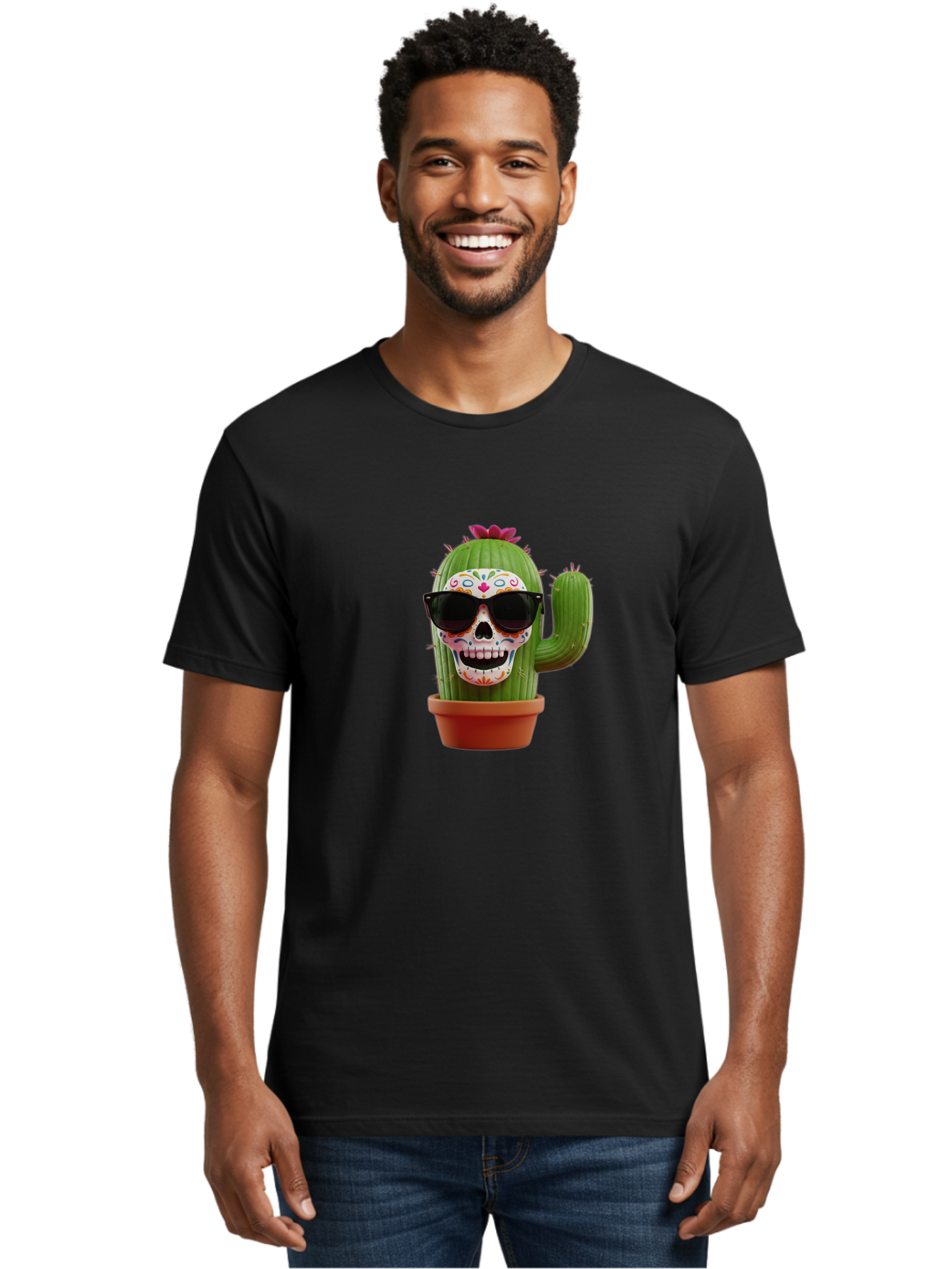 Sugar-Skull-Cactus Men'S Graphic Tee, 100% Cotton, Comfortable Casual Summer Wear, Machine Washable, Sugar Skull Cactus, Day Of The Dead, Colorful Design, Sunglasses, Prickly Pear, Potted Plant, Vibrant Colors, Festive Spirit Bad782 19