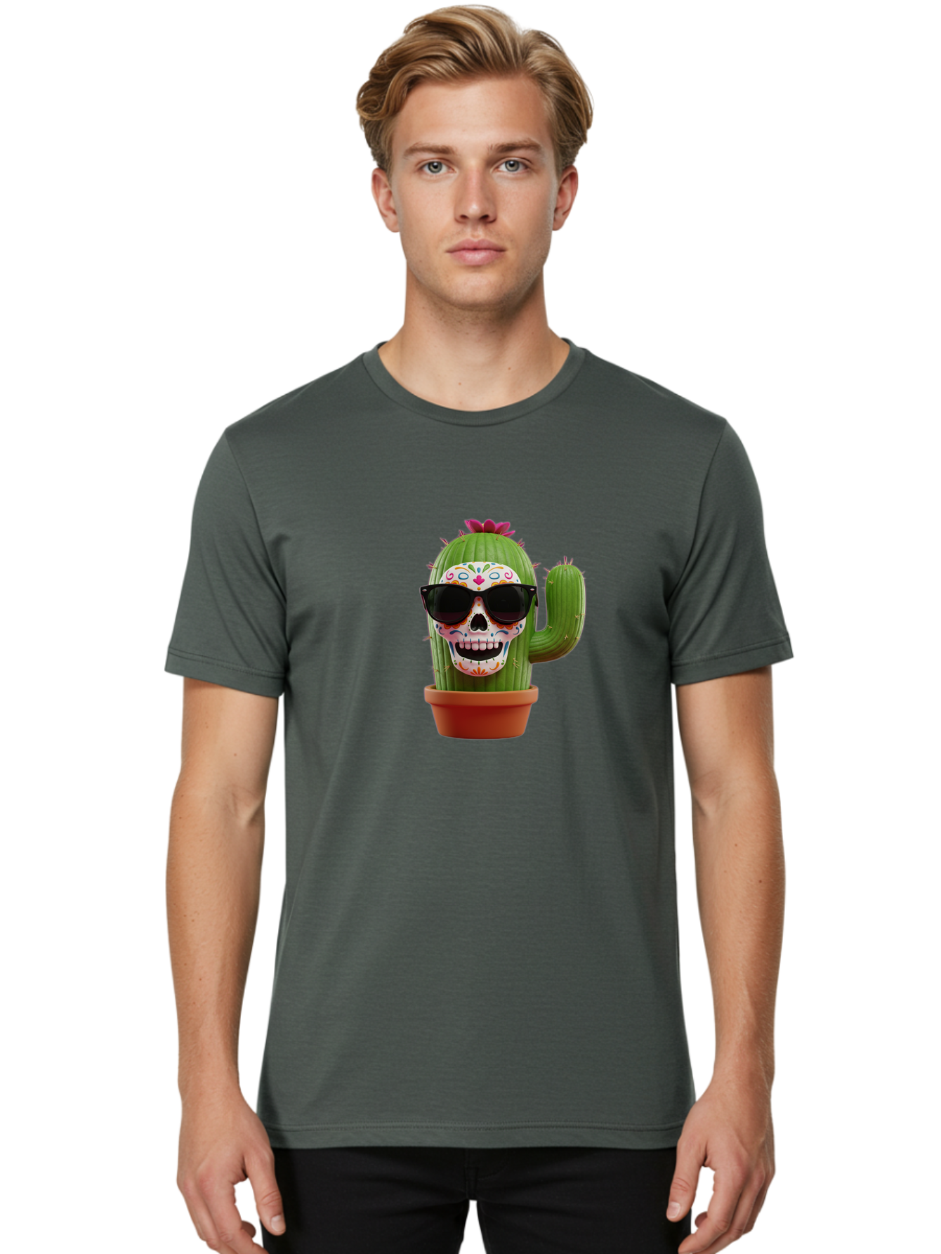 Sugar-Skull-Cactus Men'S Graphic Tee, 100% Cotton, Comfortable Casual Summer Wear, Machine Washable, Sugar Skull Cactus, Day Of The Dead, Colorful Design, Sunglasses, Prickly Pear, Potted Plant, Vibrant Colors, Festive Spirit Bad782 22