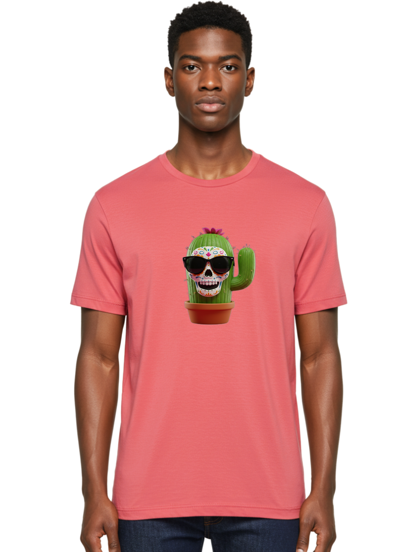 Sugar-Skull-Cactus Men'S Graphic Tee, 100% Cotton, Comfortable Casual Summer Wear, Machine Washable, Sugar Skull Cactus, Day Of The Dead, Colorful Design, Sunglasses, Prickly Pear, Potted Plant, Vibrant Colors, Festive Spirit Bad782 20