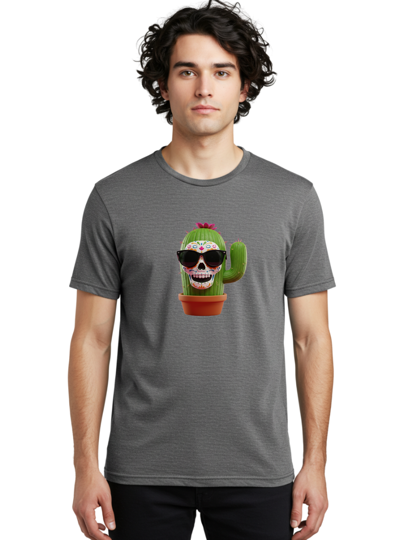 Sugar-Skull-Cactus Men'S Graphic Tee, 100% Cotton, Comfortable Casual Summer Wear, Machine Washable, Sugar Skull Cactus, Day Of The Dead, Colorful Design, Sunglasses, Prickly Pear, Potted Plant, Vibrant Colors, Festive Spirit Bad782 16