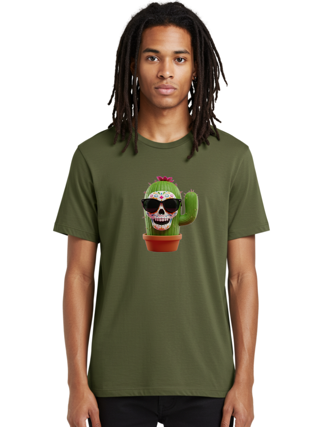 Sugar-Skull-Cactus Men'S Graphic Tee, 100% Cotton, Comfortable Casual Summer Wear, Machine Washable, Sugar Skull Cactus, Day Of The Dead, Colorful Design, Sunglasses, Prickly Pear, Potted Plant, Vibrant Colors, Festive Spirit Bad782 24