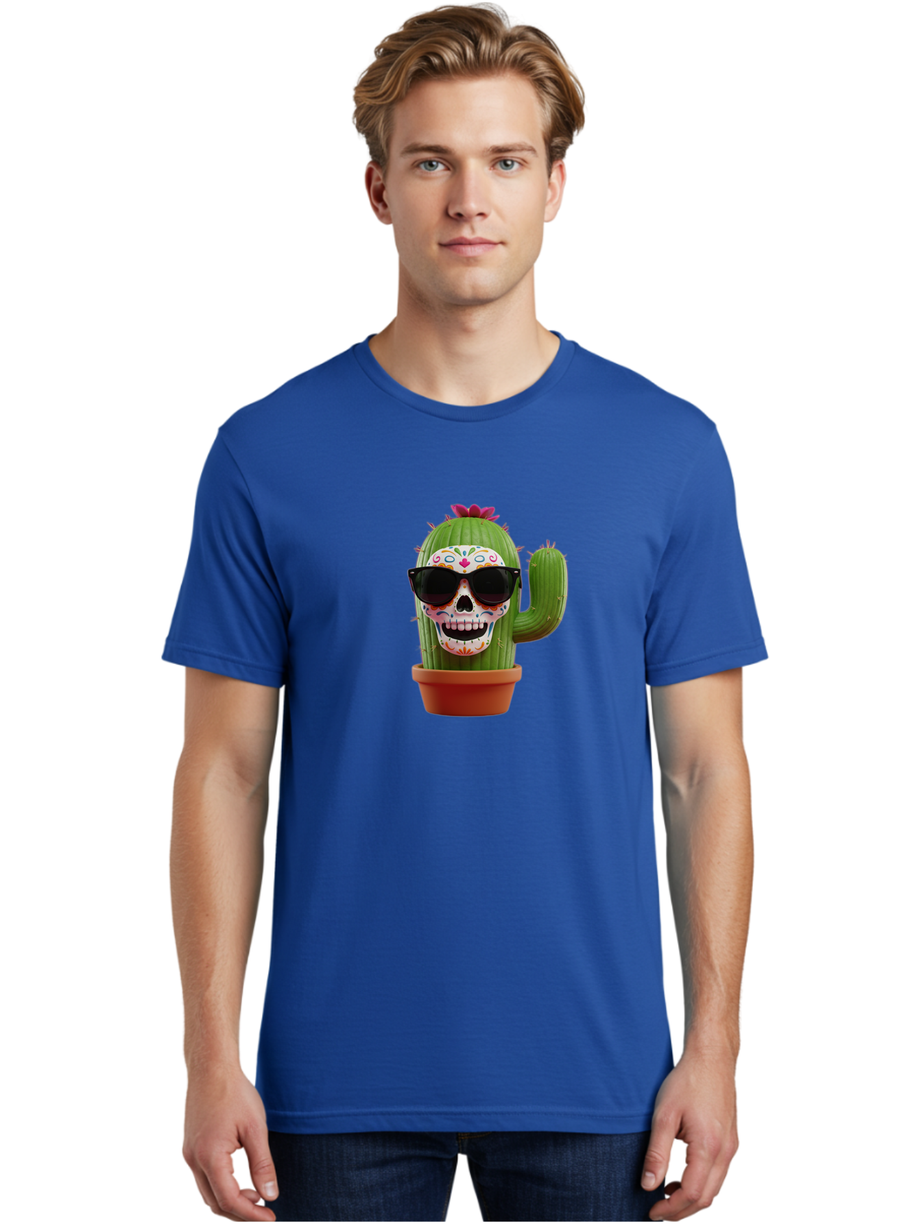 Sugar-Skull-Cactus Men'S Graphic Tee, 100% Cotton, Comfortable Casual Summer Wear, Machine Washable, Sugar Skull Cactus, Day Of The Dead, Colorful Design, Sunglasses, Prickly Pear, Potted Plant, Vibrant Colors, Festive Spirit Bad782 21