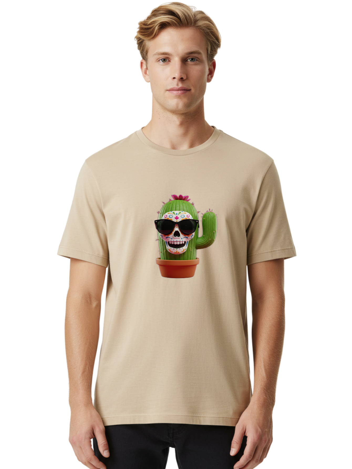 Sugar-Skull-Cactus Men'S Graphic Tee, 100% Cotton, Comfortable Casual Summer Wear, Machine Washable, Sugar Skull Cactus, Day Of The Dead, Colorful Design, Sunglasses, Prickly Pear, Potted Plant, Vibrant Colors, Festive Spirit Bad782 29