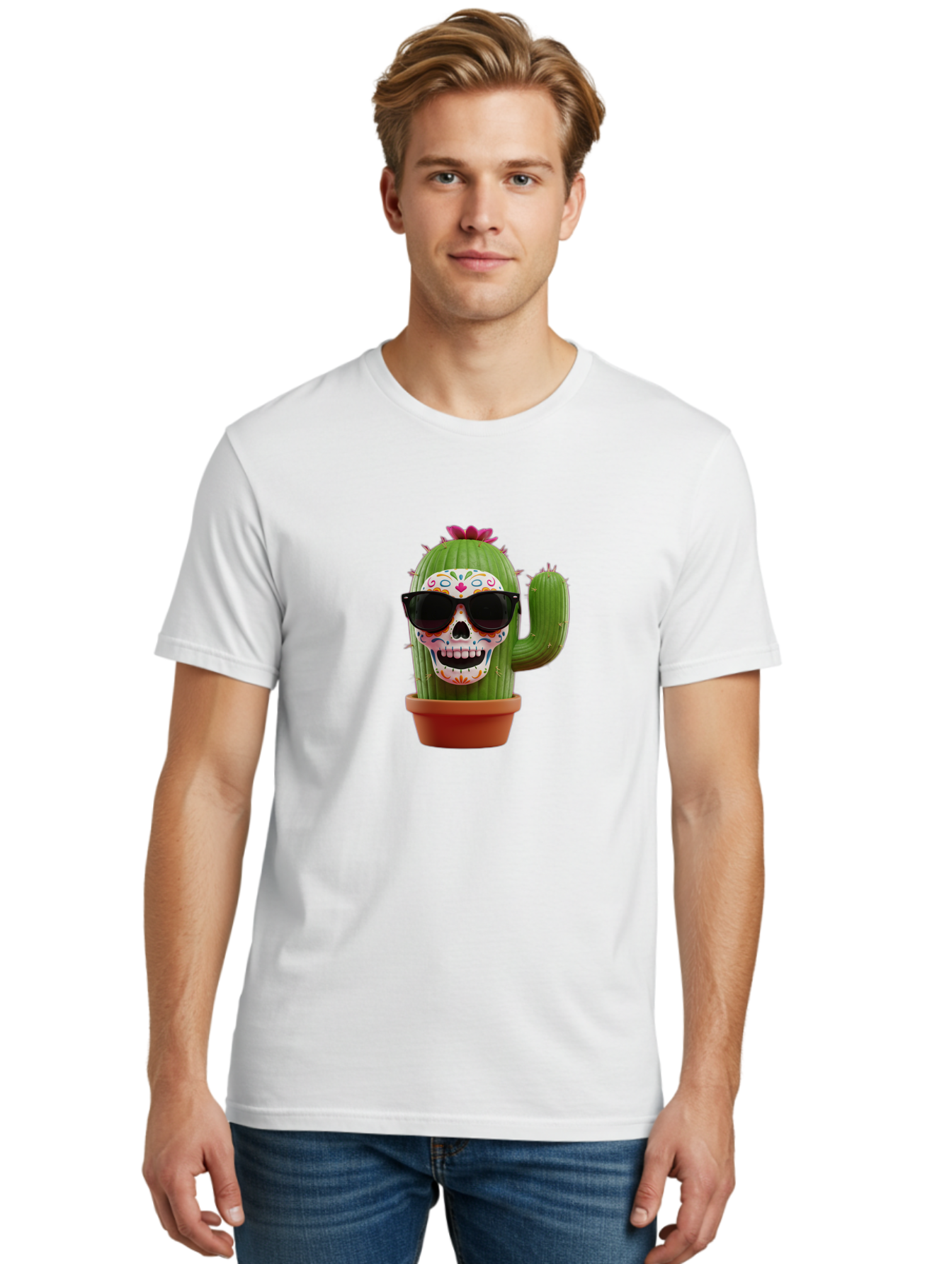 Sugar-Skull-Cactus Men'S Graphic Tee, 100% Cotton, Comfortable Casual Summer Wear, Machine Washable, Sugar Skull Cactus, Day Of The Dead, Colorful Design, Sunglasses, Prickly Pear, Potted Plant, Vibrant Colors, Festive Spirit Bad782 26