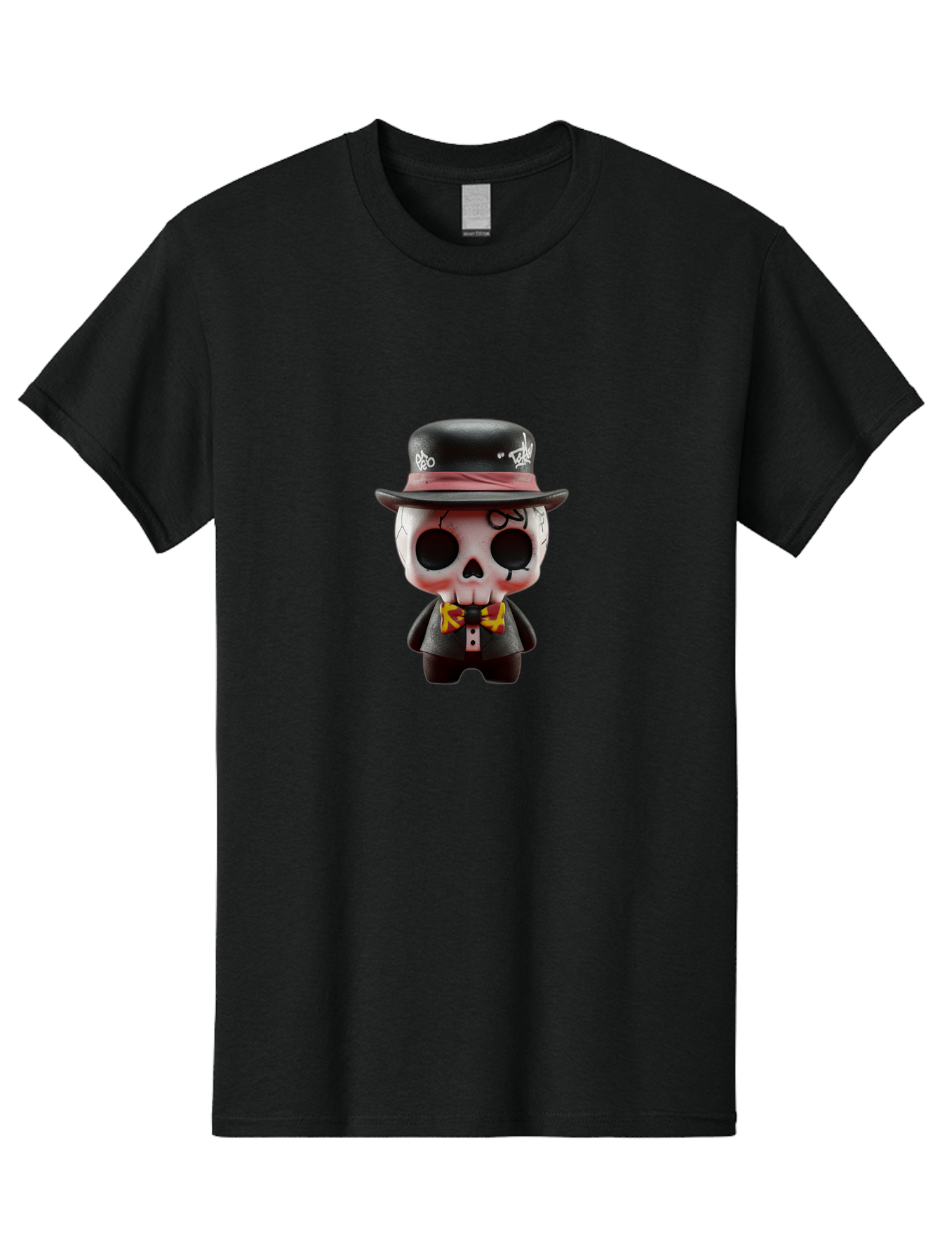 Sugar-Skull-Figurine Men'S Graphic Tee, 100% Cotton, Comfortable Casual Summer Wear, Machine Washable, Skull Figurine, Vintage Hat, Black Suit, Yellow Bow Tie, Red Flames, Day Of The Dead, Gothic Style, Unique Collectible, Creepy Character, Bad783 5