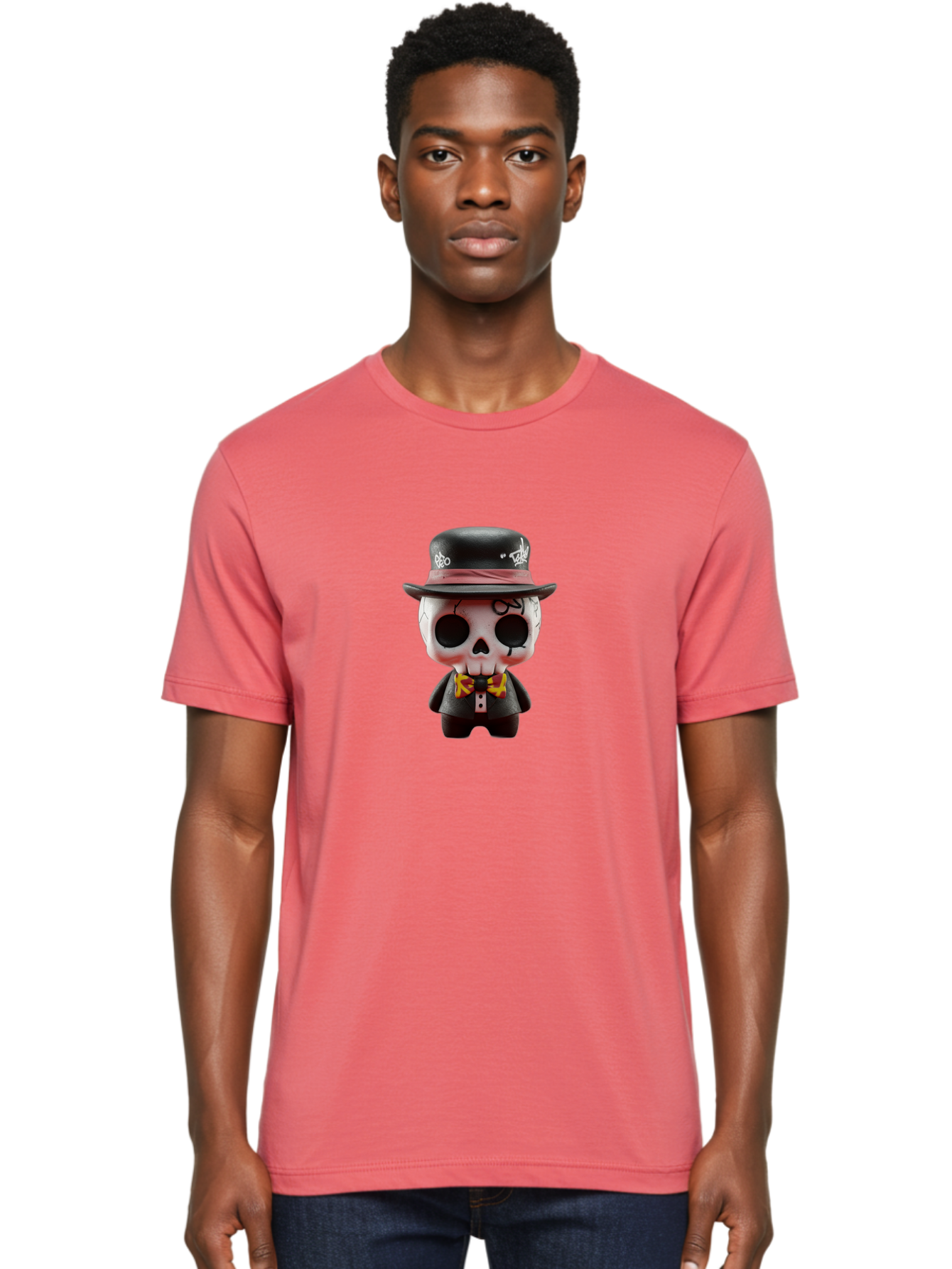 Sugar-Skull-Figurine Men'S Graphic Tee, 100% Cotton, Comfortable Casual Summer Wear, Machine Washable, Skull Figurine, Vintage Hat, Black Suit, Yellow Bow Tie, Red Flames, Day Of The Dead, Gothic Style, Unique Collectible, Creepy Character, Bad783 21