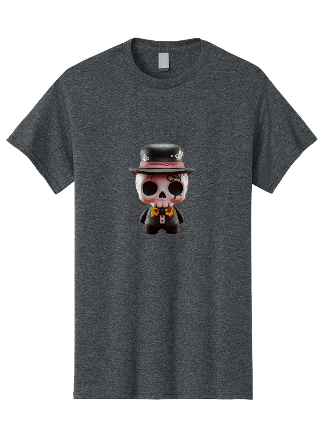 Sugar-Skull-Figurine Men'S Graphic Tee, 100% Cotton, Comfortable Casual Summer Wear, Machine Washable, Skull Figurine, Vintage Hat, Black Suit, Yellow Bow Tie, Red Flames, Day Of The Dead, Gothic Style, Unique Collectible, Creepy Character, Bad783 13