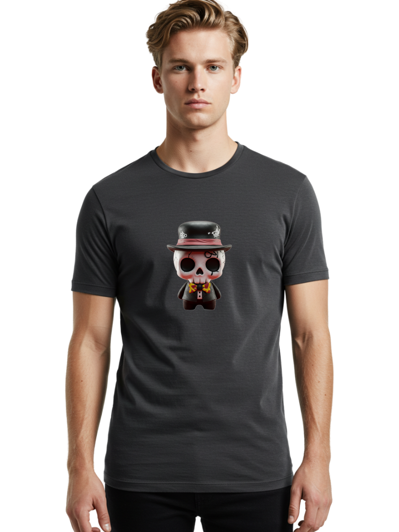 Sugar-Skull-Figurine Men'S Graphic Tee, 100% Cotton, Comfortable Casual Summer Wear, Machine Washable, Skull Figurine, Vintage Hat, Black Suit, Yellow Bow Tie, Red Flames, Day Of The Dead, Gothic Style, Unique Collectible, Creepy Character, Bad783 28