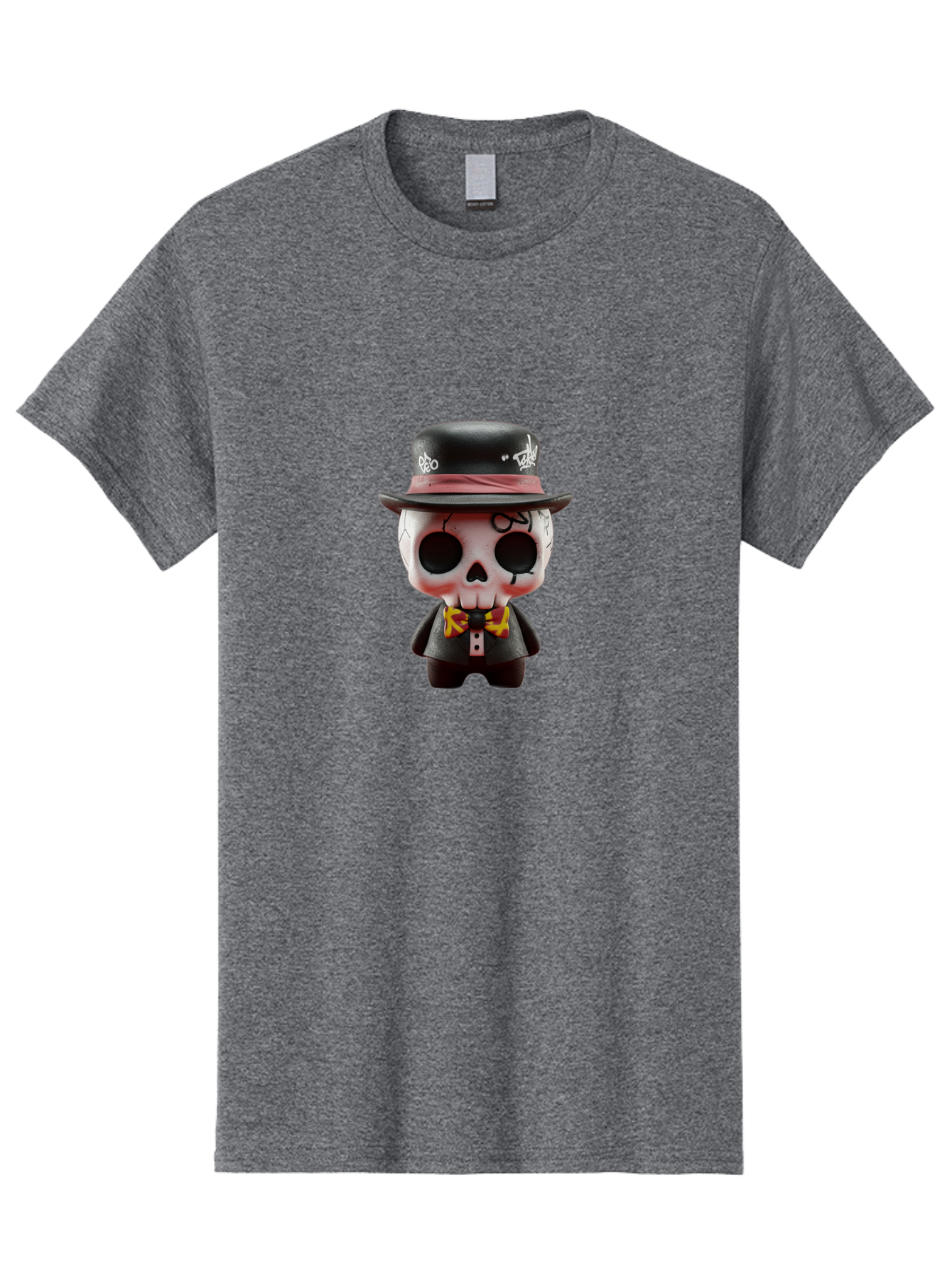Sugar-Skull-Figurine Men'S Graphic Tee, 100% Cotton, Comfortable Casual Summer Wear, Machine Washable, Skull Figurine, Vintage Hat, Black Suit, Yellow Bow Tie, Red Flames, Day Of The Dead, Gothic Style, Unique Collectible, Creepy Character, Bad783 11