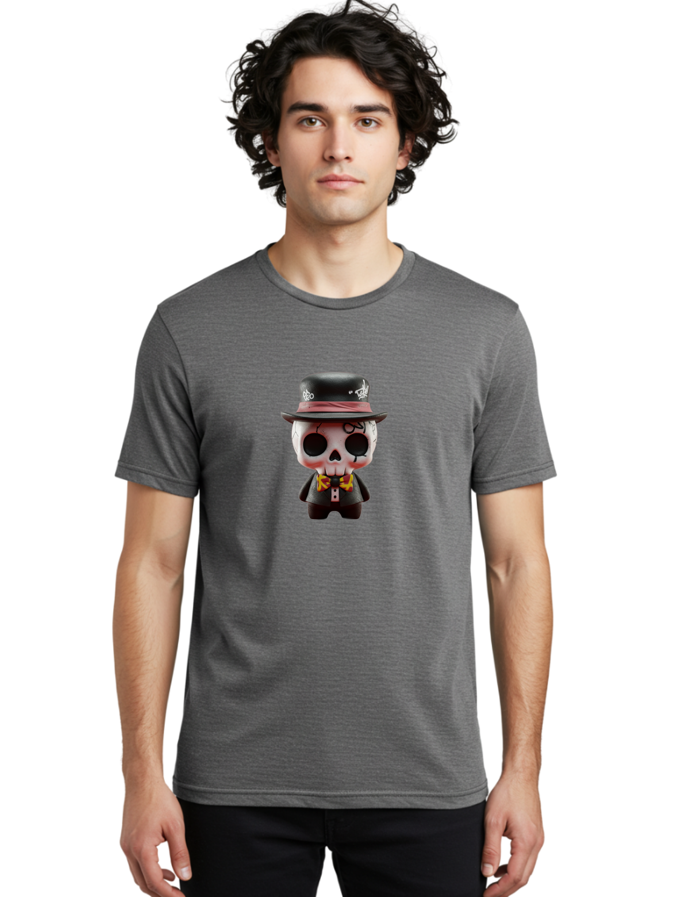 Sugar-Skull-Figurine Men'S Graphic Tee, 100% Cotton, Comfortable Casual Summer Wear, Machine Washable, Skull Figurine, Vintage Hat, Black Suit, Yellow Bow Tie, Red Flames, Day Of The Dead, Gothic Style, Unique Collectible, Creepy Character, Bad783 26
