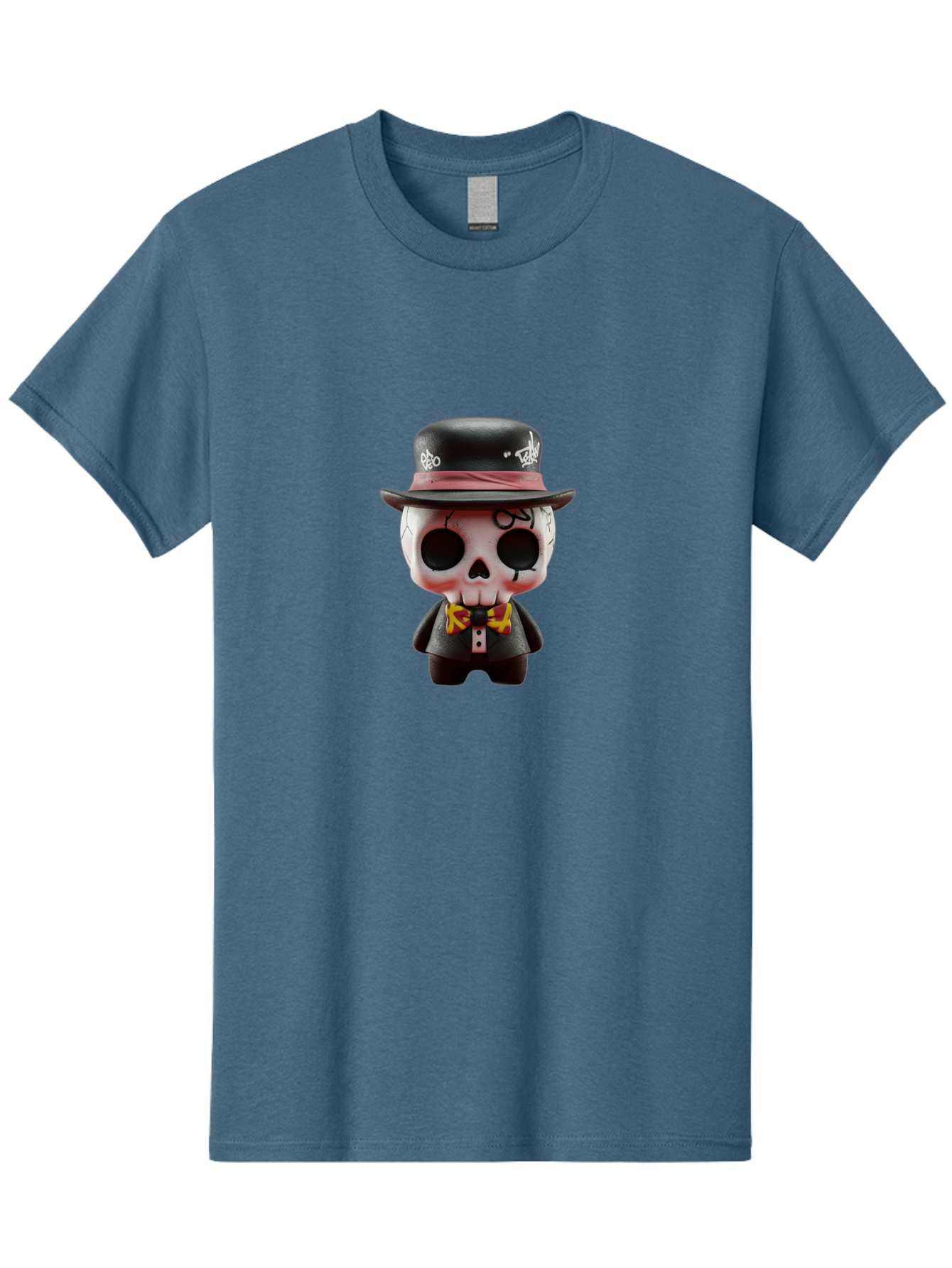 Sugar-Skull-Figurine Men'S Graphic Tee, 100% Cotton, Comfortable Casual Summer Wear, Machine Washable, Skull Figurine, Vintage Hat, Black Suit, Yellow Bow Tie, Red Flames, Day Of The Dead, Gothic Style, Unique Collectible, Creepy Character, Bad783 14