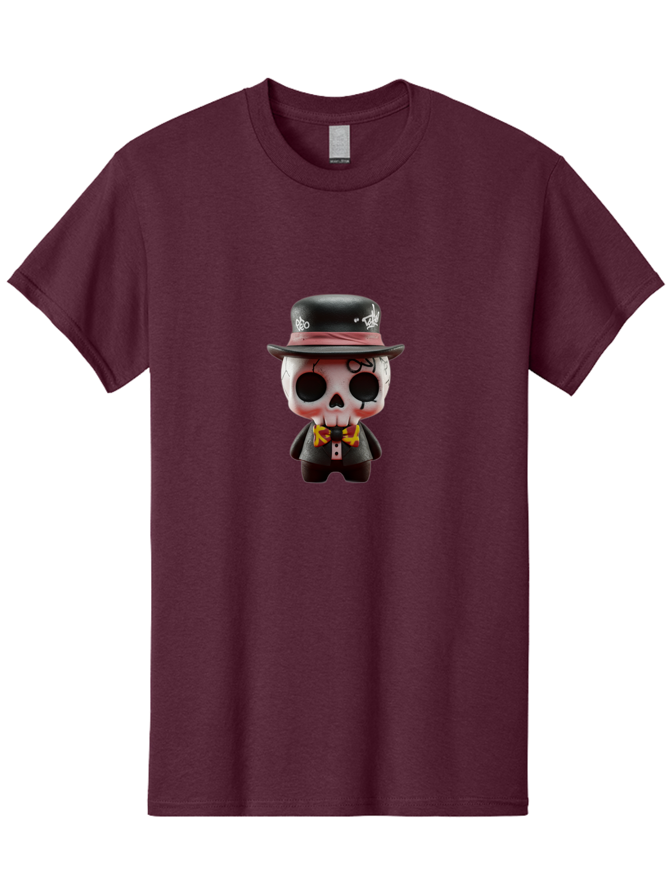 Sugar-Skull-Figurine Men'S Graphic Tee, 100% Cotton, Comfortable Casual Summer Wear, Machine Washable, Skull Figurine, Vintage Hat, Black Suit, Yellow Bow Tie, Red Flames, Day Of The Dead, Gothic Style, Unique Collectible, Creepy Character, Bad783 8