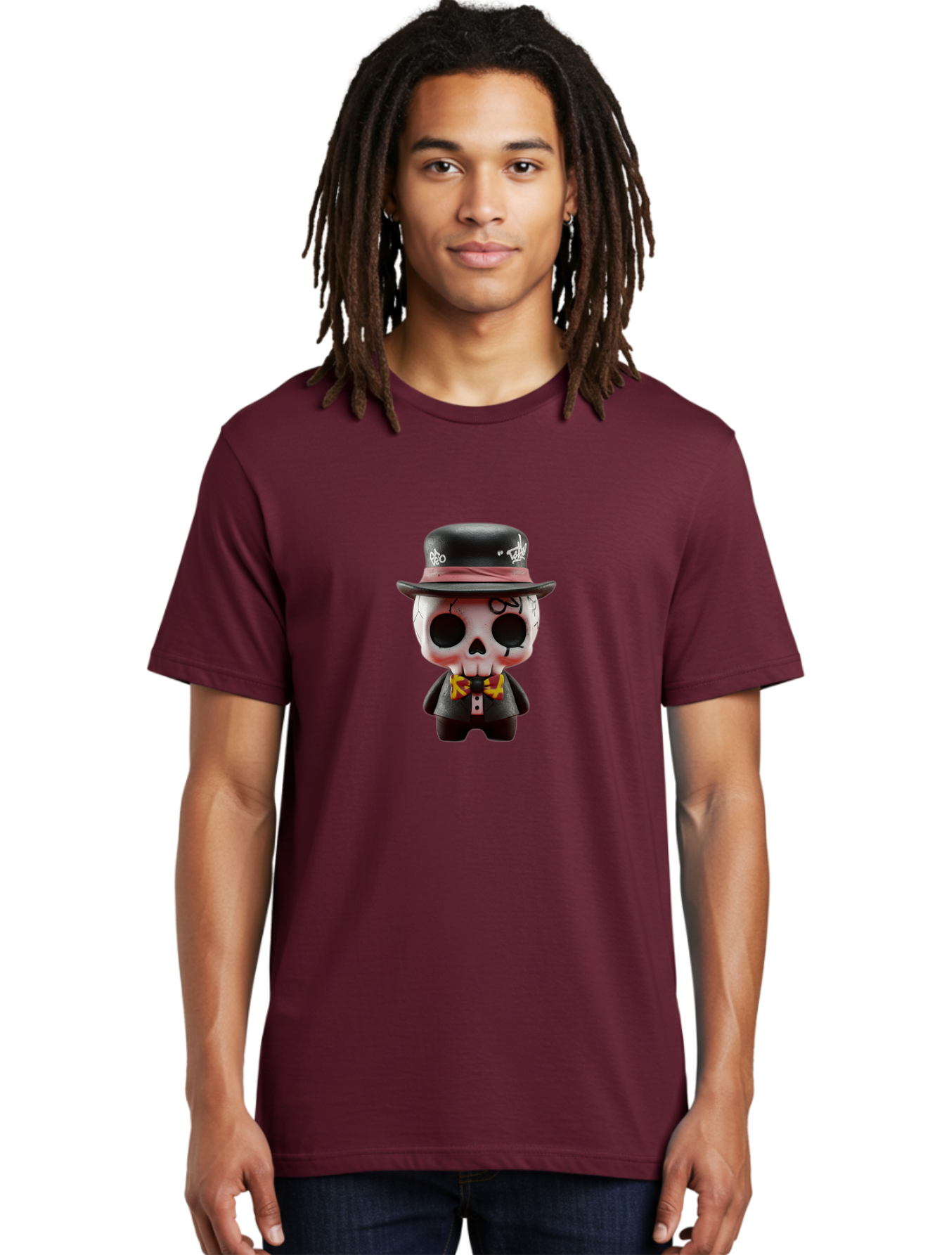 Sugar-Skull-Figurine Men'S Graphic Tee, 100% Cotton, Comfortable Casual Summer Wear, Machine Washable, Skull Figurine, Vintage Hat, Black Suit, Yellow Bow Tie, Red Flames, Day Of The Dead, Gothic Style, Unique Collectible, Creepy Character, Bad783 23