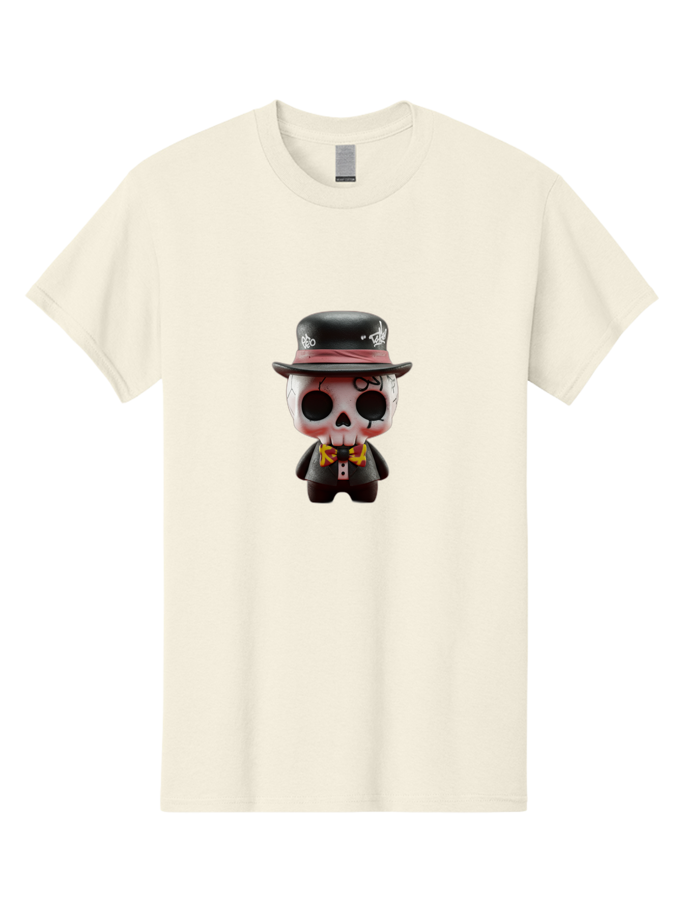 Sugar-Skull-Figurine Men'S Graphic Tee, 100% Cotton, Comfortable Casual Summer Wear, Machine Washable, Skull Figurine, Vintage Hat, Black Suit, Yellow Bow Tie, Red Flames, Day Of The Dead, Gothic Style, Unique Collectible, Creepy Character, Bad783 3