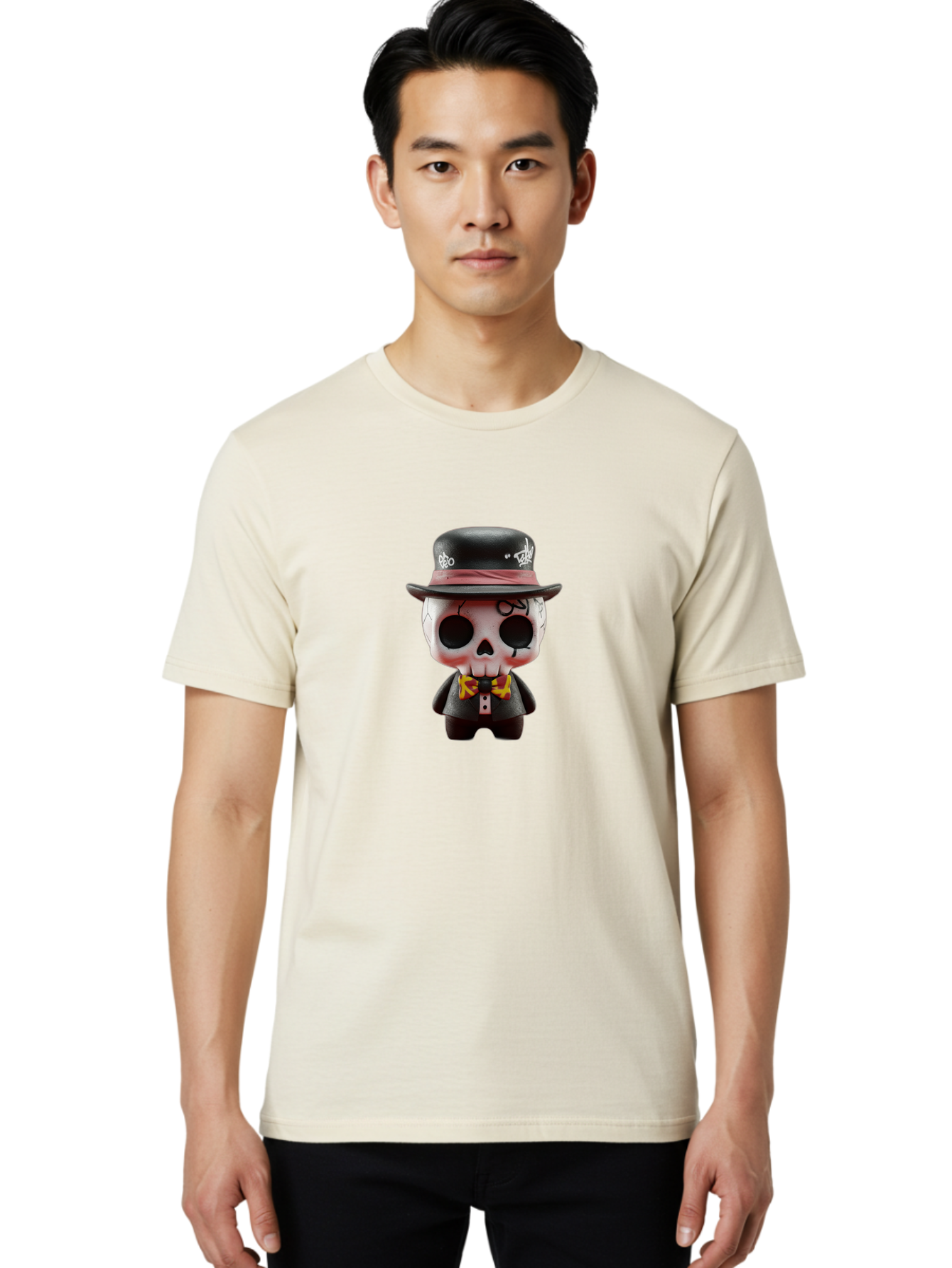 Sugar-Skull-Figurine Men'S Graphic Tee, 100% Cotton, Comfortable Casual Summer Wear, Machine Washable, Skull Figurine, Vintage Hat, Black Suit, Yellow Bow Tie, Red Flames, Day Of The Dead, Gothic Style, Unique Collectible, Creepy Character, Bad783 18