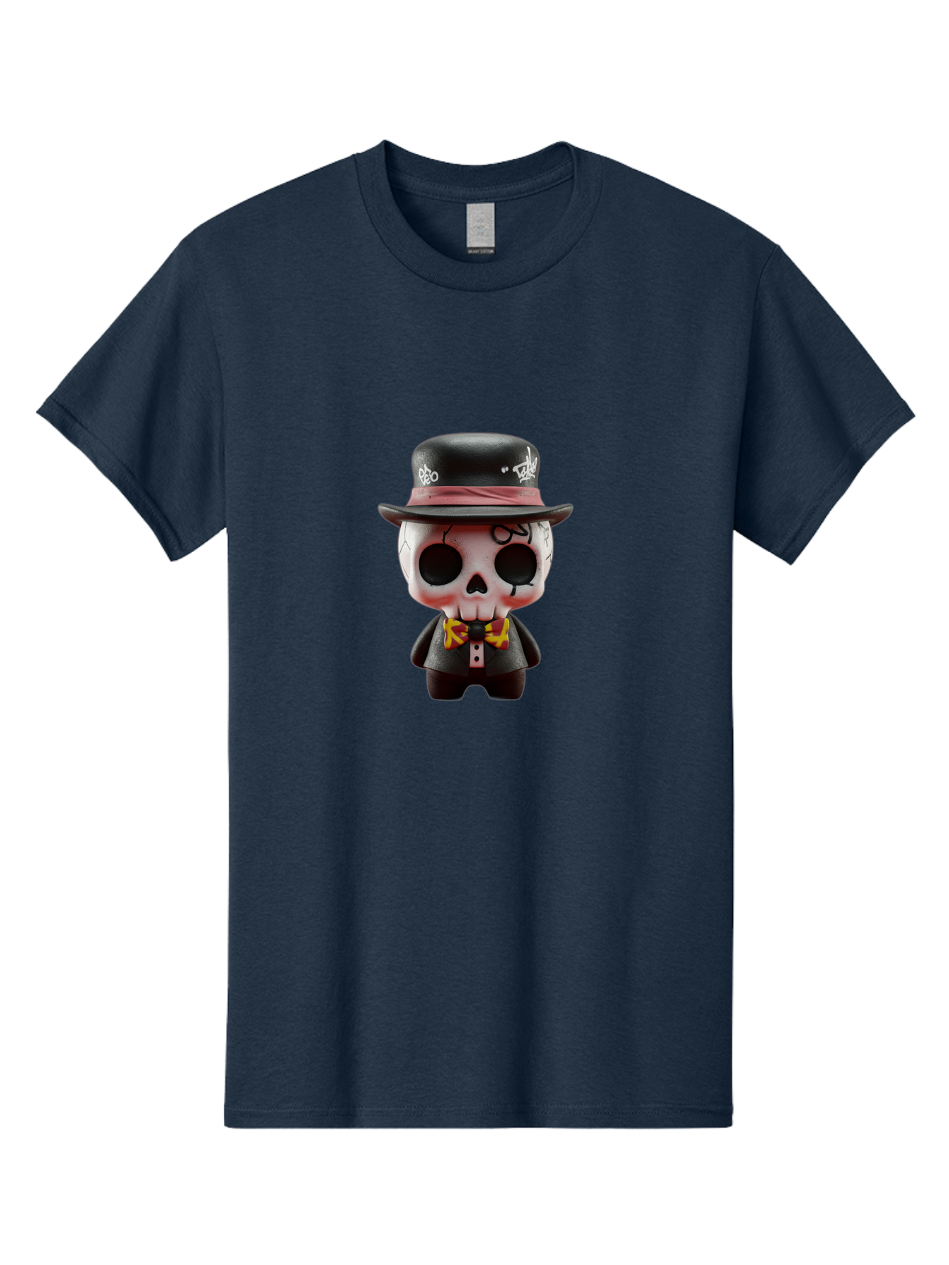 Sugar-Skull-Figurine Men'S Graphic Tee, 100% Cotton, Comfortable Casual Summer Wear, Machine Washable, Skull Figurine, Vintage Hat, Black Suit, Yellow Bow Tie, Red Flames, Day Of The Dead, Gothic Style, Unique Collectible, Creepy Character, Bad783 9