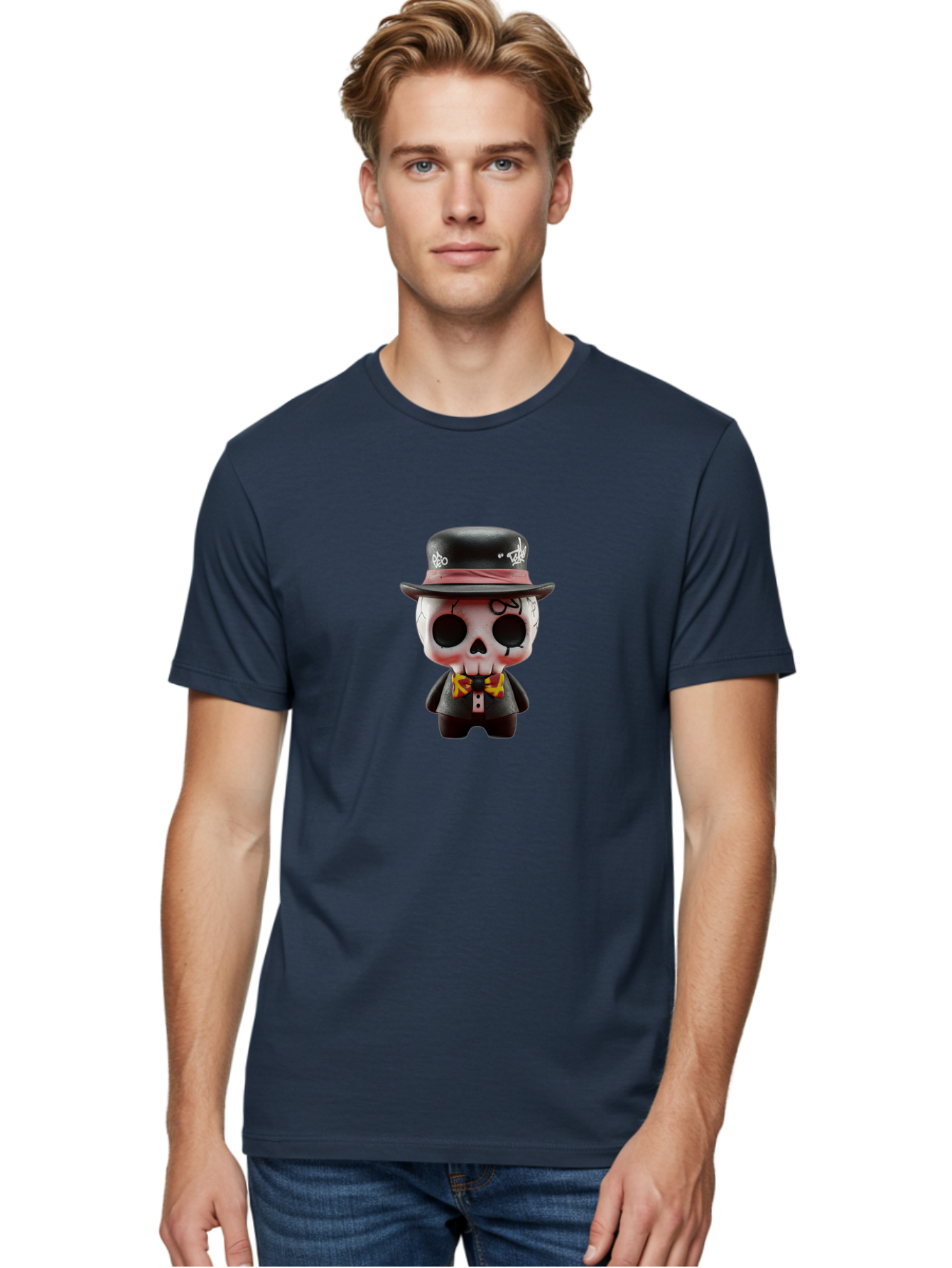 Sugar-Skull-Figurine Men'S Graphic Tee, 100% Cotton, Comfortable Casual Summer Wear, Machine Washable, Skull Figurine, Vintage Hat, Black Suit, Yellow Bow Tie, Red Flames, Day Of The Dead, Gothic Style, Unique Collectible, Creepy Character, Bad783 24