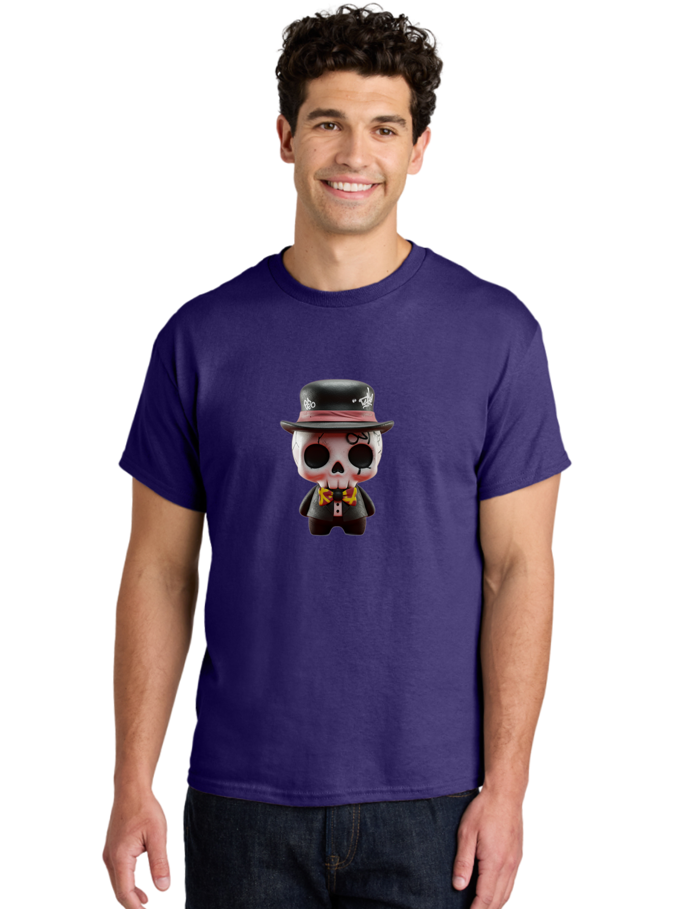 Sugar-Skull-Figurine Men'S Graphic Tee, 100% Cotton, Comfortable Casual Summer Wear, Machine Washable, Skull Figurine, Vintage Hat, Black Suit, Yellow Bow Tie, Red Flames, Day Of The Dead, Gothic Style, Unique Collectible, Creepy Character, Bad783 16