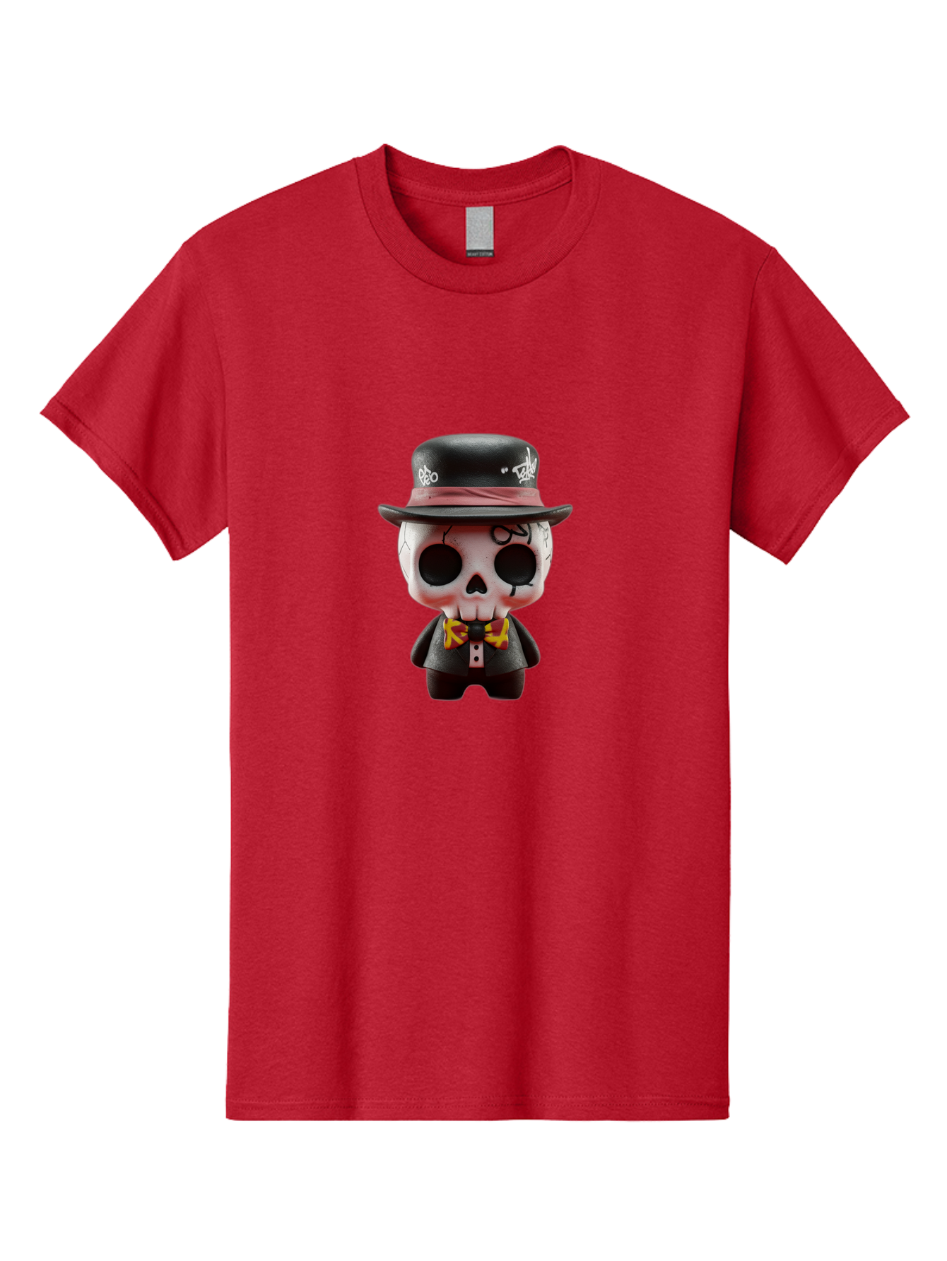 Sugar-Skull-Figurine Men'S Graphic Tee, 100% Cotton, Comfortable Casual Summer Wear, Machine Washable, Skull Figurine, Vintage Hat, Black Suit, Yellow Bow Tie, Red Flames, Day Of The Dead, Gothic Style, Unique Collectible, Creepy Character, Bad783 15