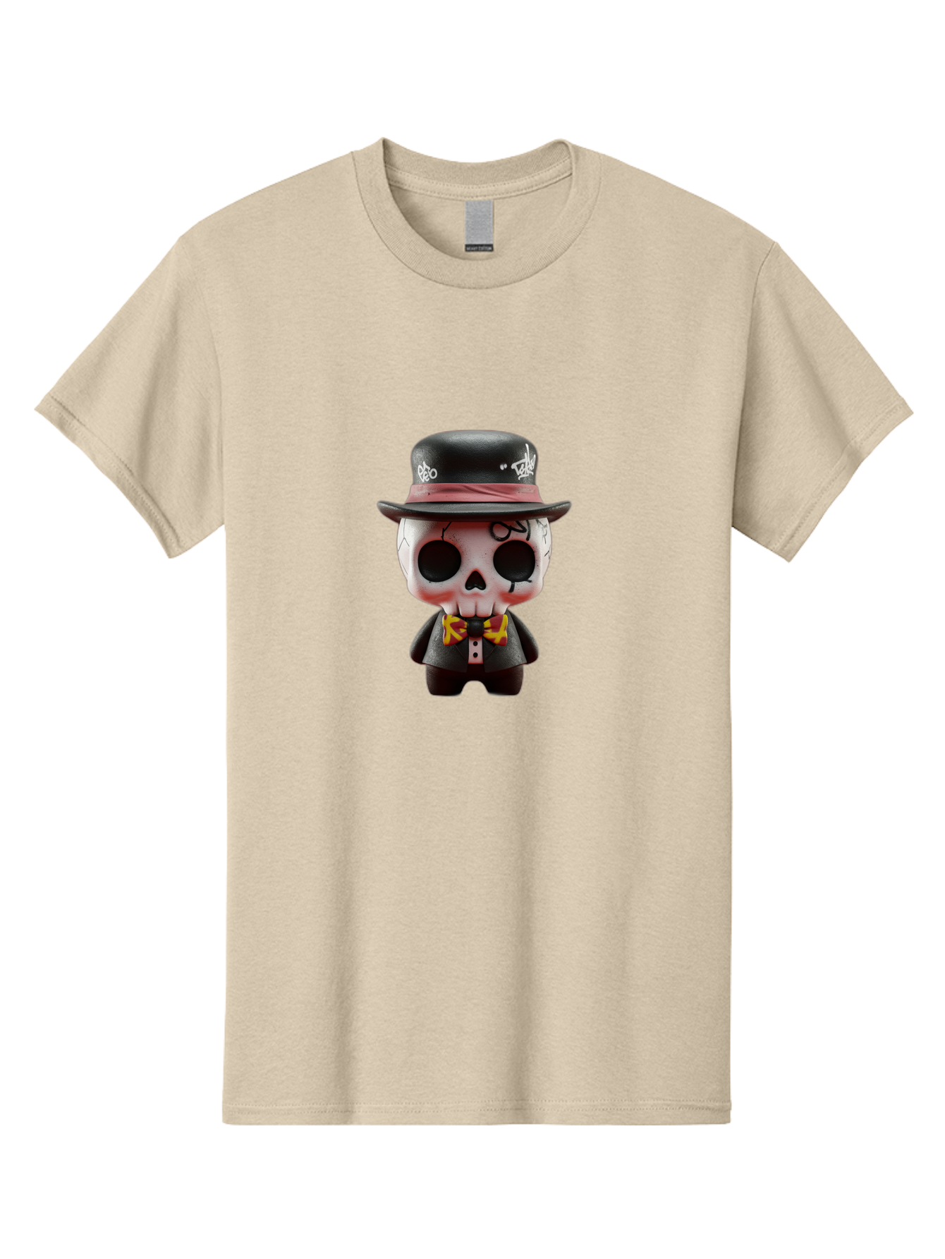 Sugar-Skull-Figurine Men'S Graphic Tee, 100% Cotton, Comfortable Casual Summer Wear, Machine Washable, Skull Figurine, Vintage Hat, Black Suit, Yellow Bow Tie, Red Flames, Day Of The Dead, Gothic Style, Unique Collectible, Creepy Character, Bad783 4