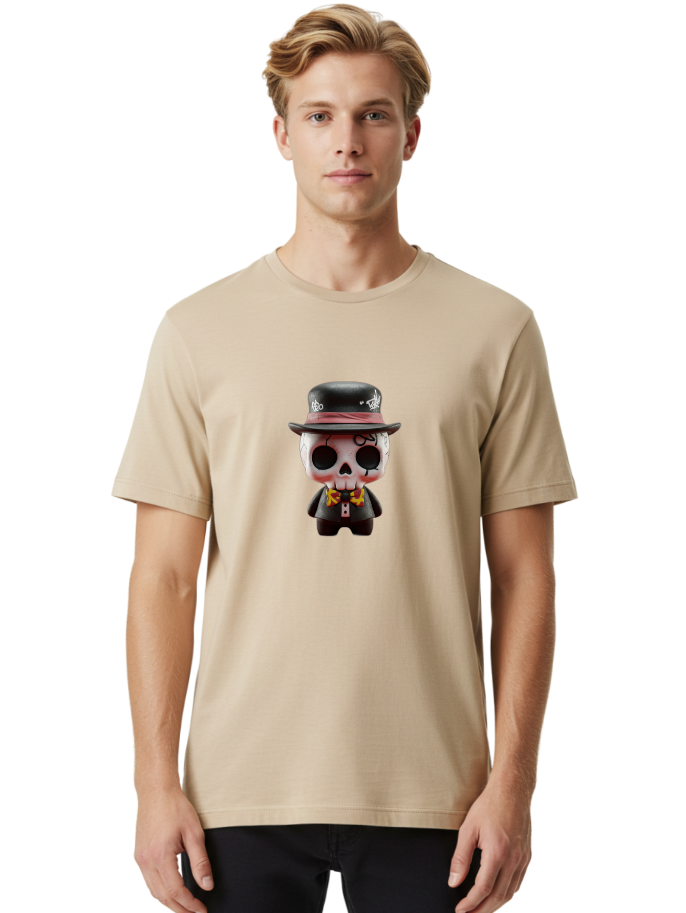 Sugar-Skull-Figurine Men'S Graphic Tee, 100% Cotton, Comfortable Casual Summer Wear, Machine Washable, Skull Figurine, Vintage Hat, Black Suit, Yellow Bow Tie, Red Flames, Day Of The Dead, Gothic Style, Unique Collectible, Creepy Character, Bad783 19