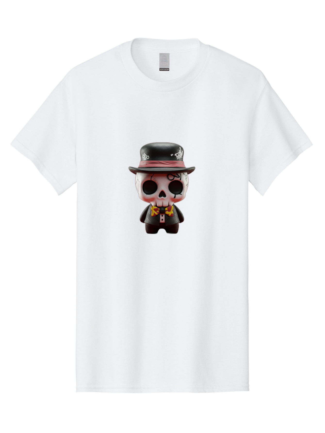 Sugar-Skull-Figurine Men'S Graphic Tee, 100% Cotton, Comfortable Casual Summer Wear, Machine Washable, Skull Figurine, Vintage Hat, Black Suit, Yellow Bow Tie, Red Flames, Day Of The Dead, Gothic Style, Unique Collectible, Creepy Character, Bad783 7