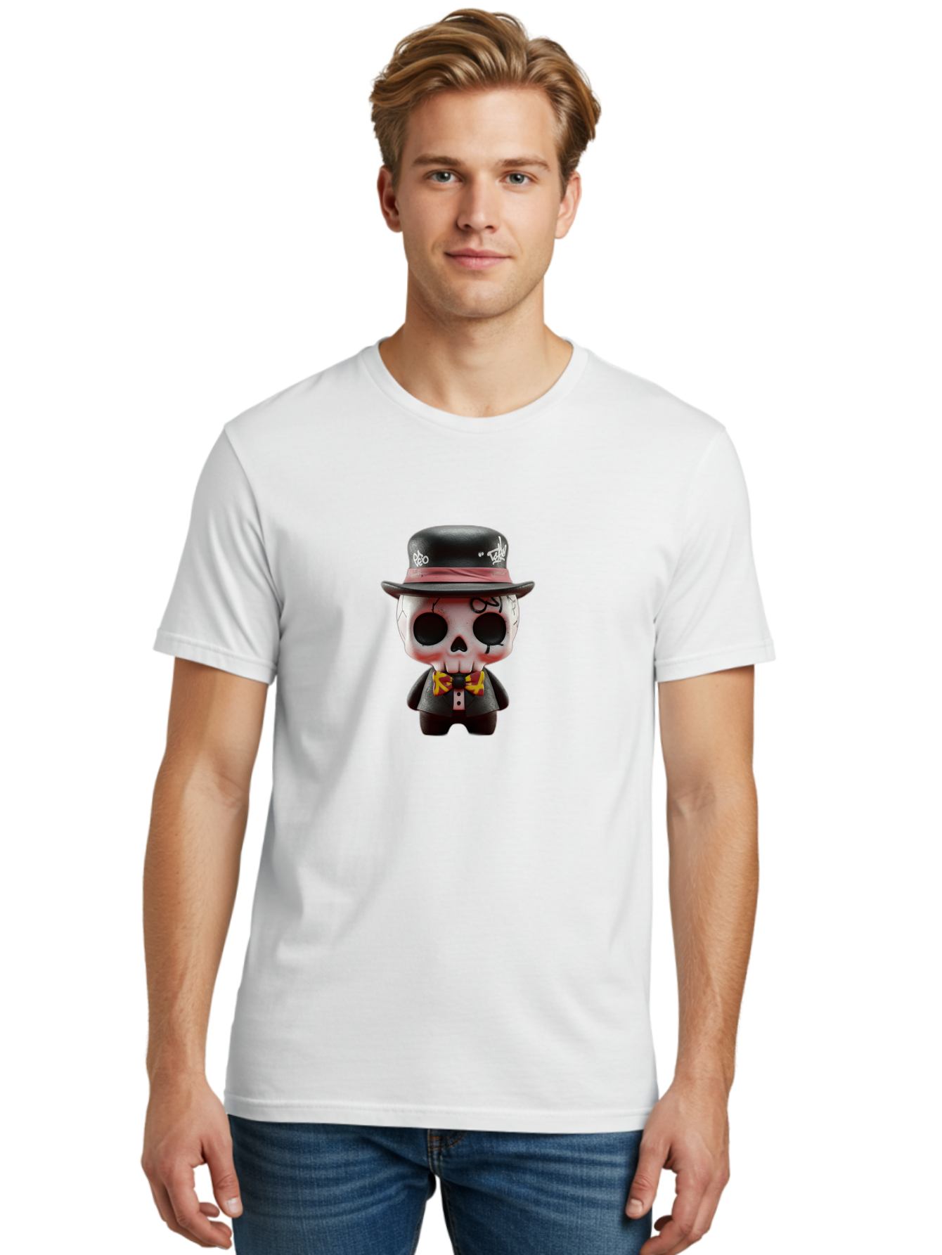 Sugar-Skull-Figurine Men'S Graphic Tee, 100% Cotton, Comfortable Casual Summer Wear, Machine Washable, Skull Figurine, Vintage Hat, Black Suit, Yellow Bow Tie, Red Flames, Day Of The Dead, Gothic Style, Unique Collectible, Creepy Character, Bad783 22