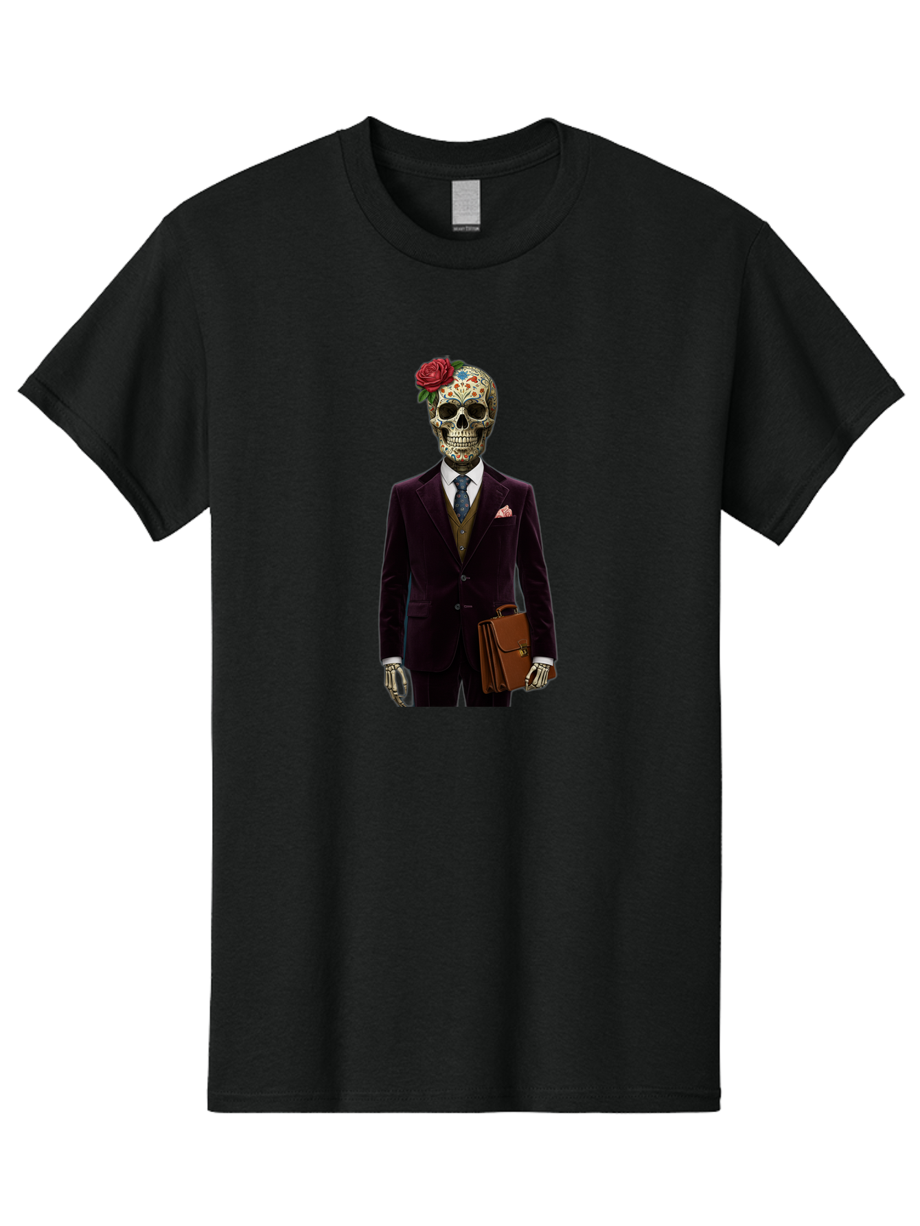 Sugar-Skull-Gentleman Men'S Graphic Tee, 100% Cotton, Comfortable Casual Summer Wear, Machine Washable, Sugar Skull, Businessman Attire, Formal Wear, Briefcase, Day Of The Dead, Colorful Skull, Decorated Skull, Skeleton Hand, Formal Suit, Bad784 14