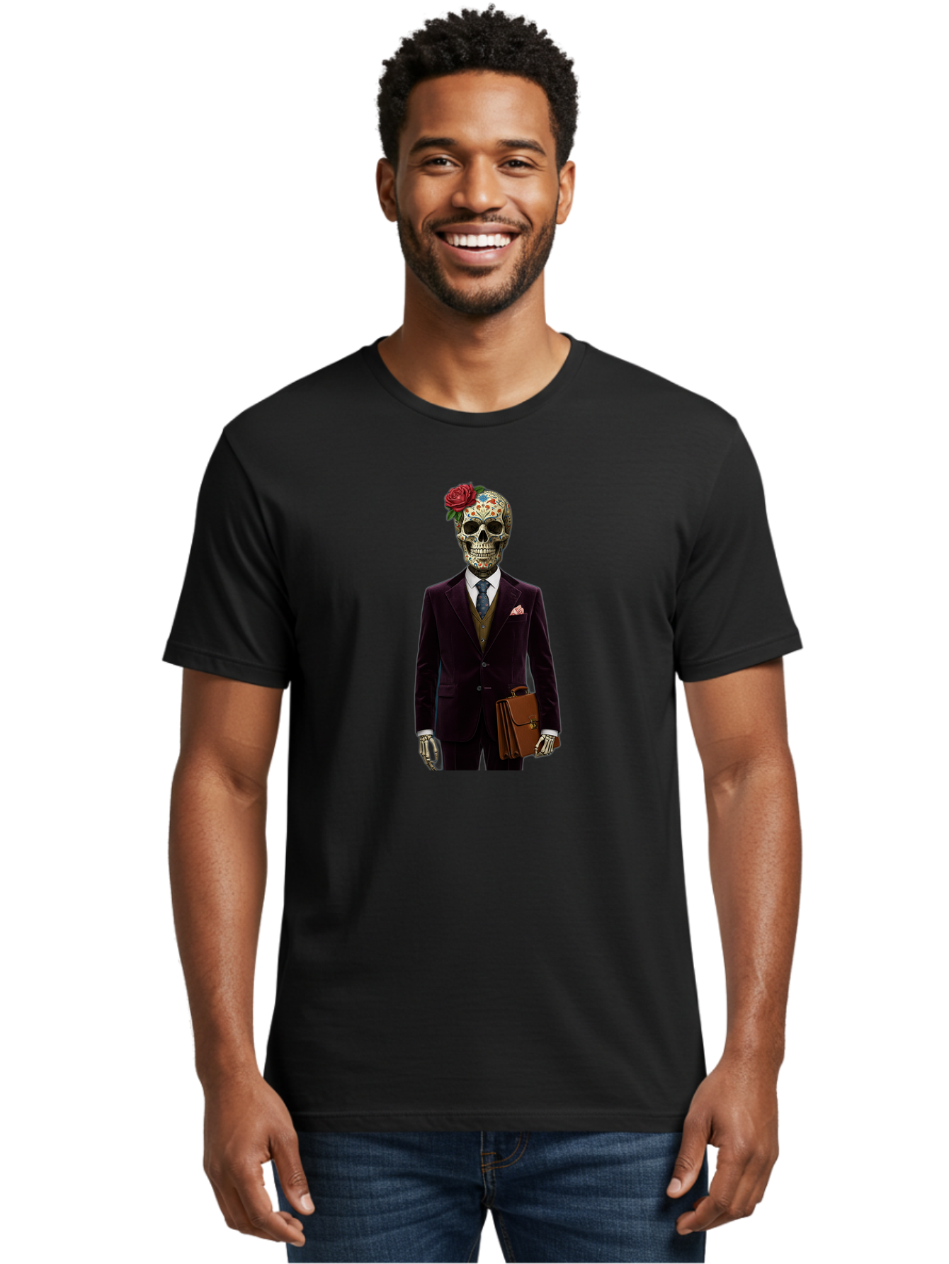 Sugar-Skull-Gentleman Men'S Graphic Tee, 100% Cotton, Comfortable Casual Summer Wear, Machine Washable, Sugar Skull, Businessman Attire, Formal Wear, Briefcase, Day Of The Dead, Colorful Skull, Decorated Skull, Skeleton Hand, Formal Suit, Bad784 29