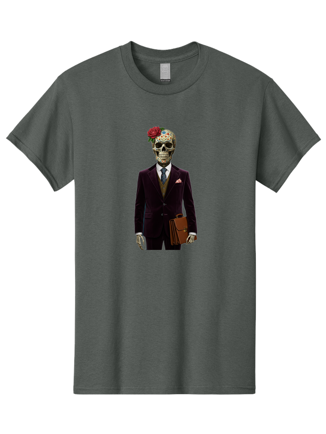 Sugar-Skull-Gentleman Men'S Graphic Tee, 100% Cotton, Comfortable Casual Summer Wear, Machine Washable, Sugar Skull, Businessman Attire, Formal Wear, Briefcase, Day Of The Dead, Colorful Skull, Decorated Skull, Skeleton Hand, Formal Suit, Bad784 15