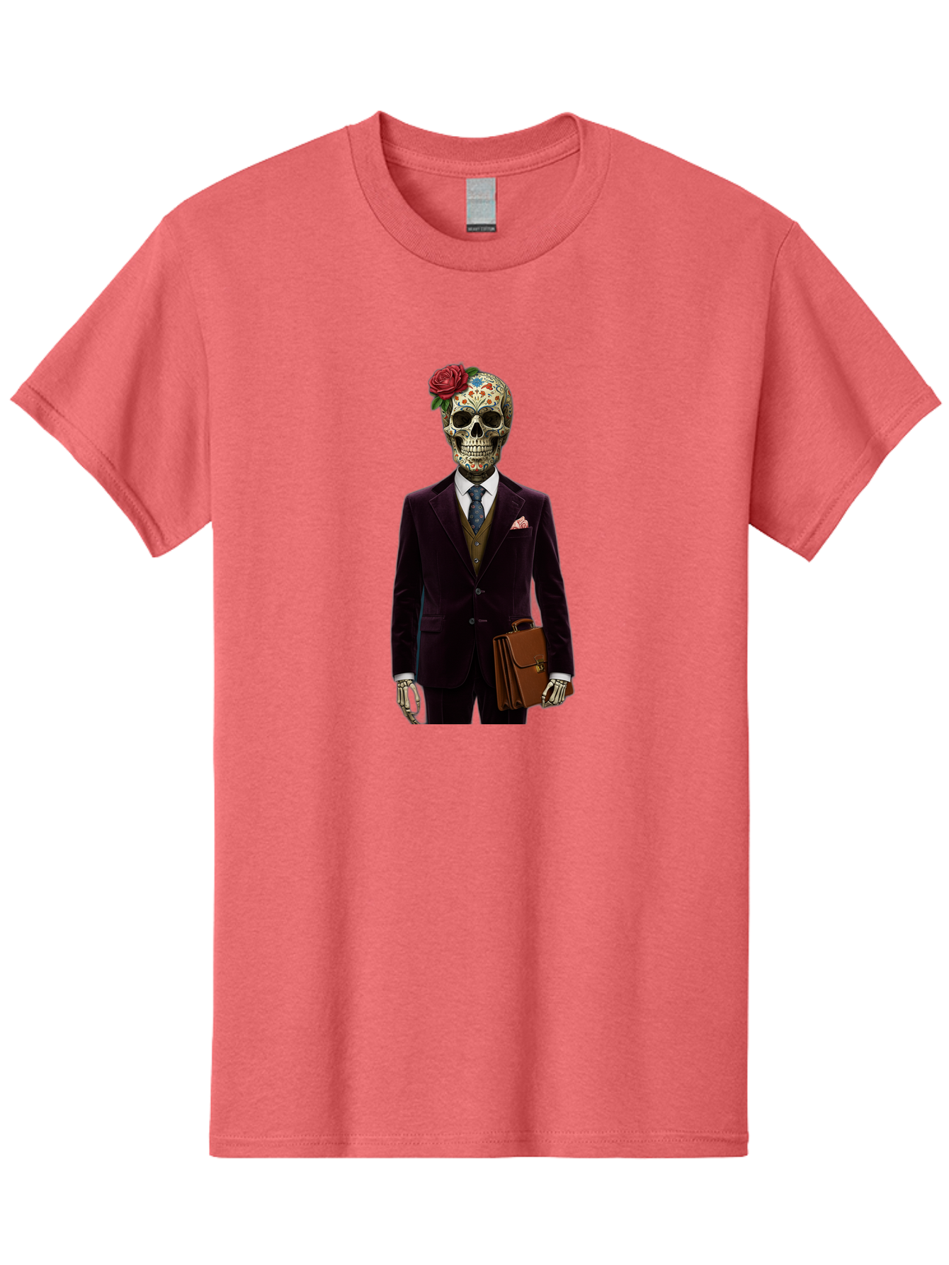 Sugar-Skull-Gentleman Men'S Graphic Tee, 100% Cotton, Comfortable Casual Summer Wear, Machine Washable, Sugar Skull, Businessman Attire, Formal Wear, Briefcase, Day Of The Dead, Colorful Skull, Decorated Skull, Skeleton Hand, Formal Suit, Bad784 11