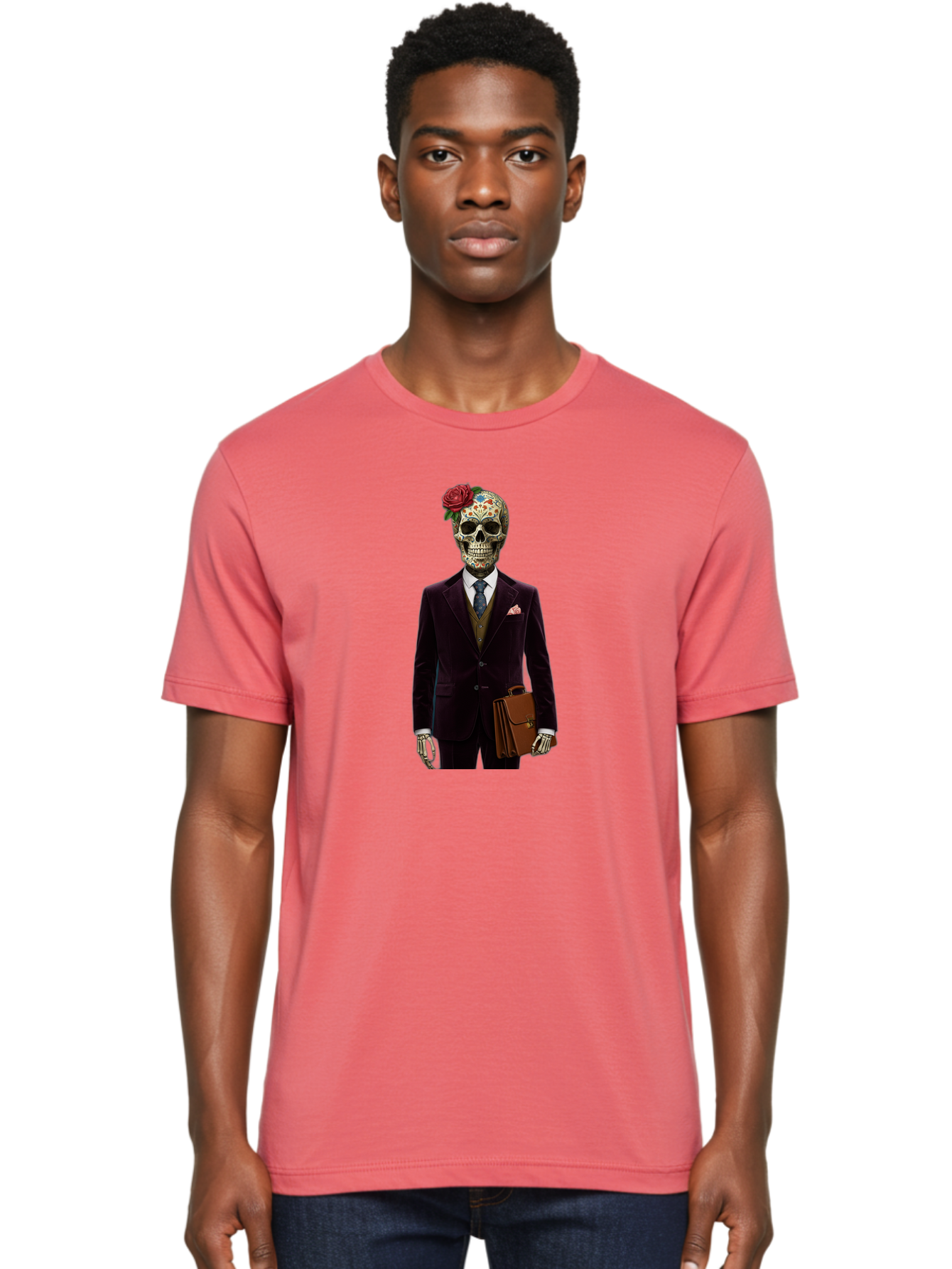 Sugar-Skull-Gentleman Men'S Graphic Tee, 100% Cotton, Comfortable Casual Summer Wear, Machine Washable, Sugar Skull, Businessman Attire, Formal Wear, Briefcase, Day Of The Dead, Colorful Skull, Decorated Skull, Skeleton Hand, Formal Suit, Bad784 26