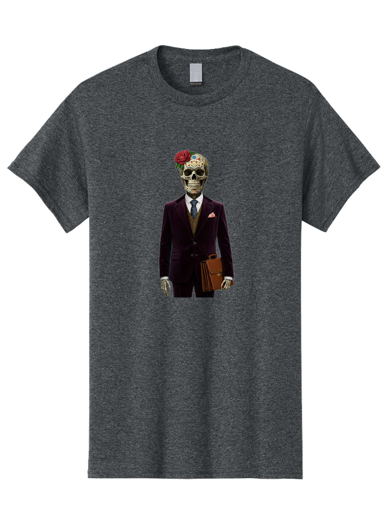 Sugar-Skull-Gentleman Men'S Graphic Tee, 100% Cotton, Comfortable Casual Summer Wear, Machine Washable, Sugar Skull, Businessman Attire, Formal Wear, Briefcase, Day Of The Dead, Colorful Skull, Decorated Skull, Skeleton Hand, Formal Suit, Bad784 12