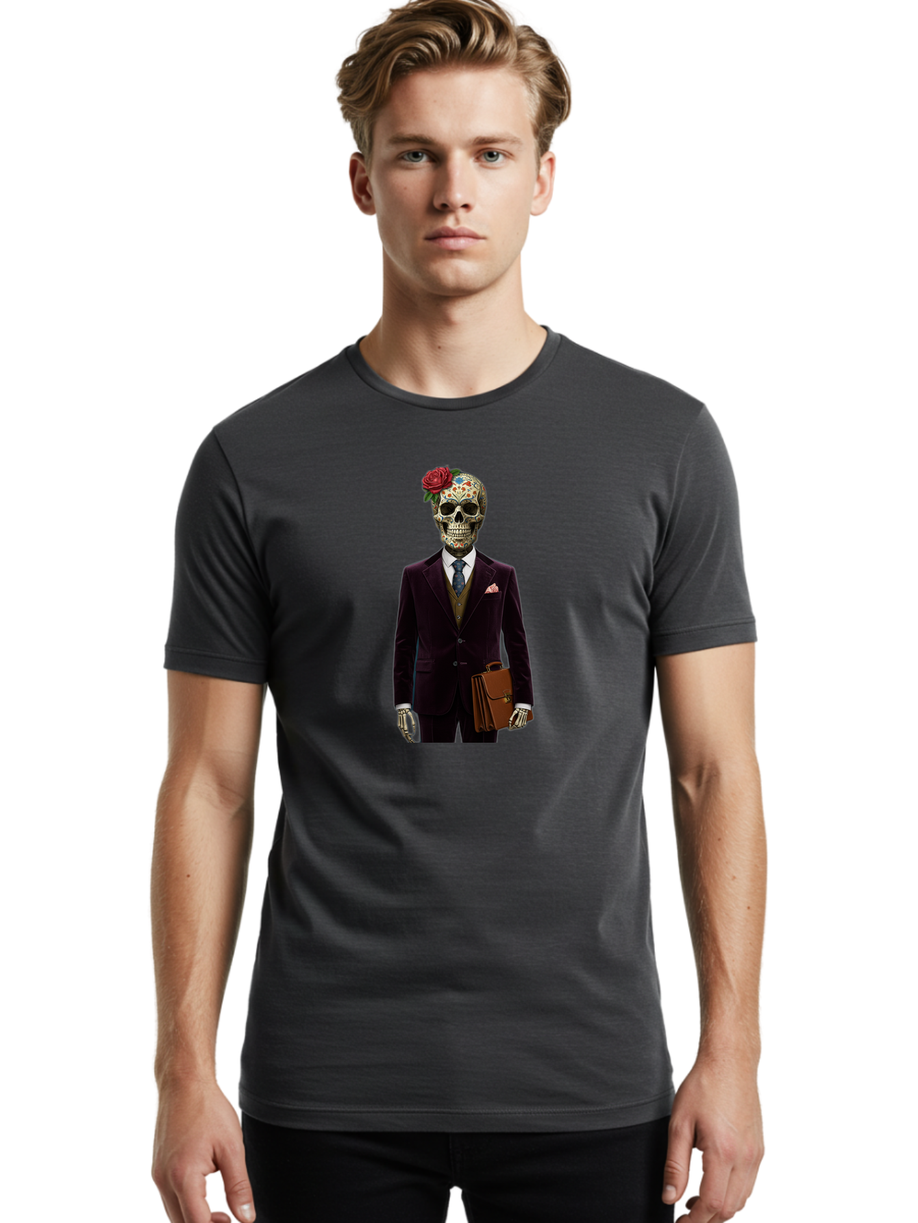 Sugar-Skull-Gentleman Men'S Graphic Tee, 100% Cotton, Comfortable Casual Summer Wear, Machine Washable, Sugar Skull, Businessman Attire, Formal Wear, Briefcase, Day Of The Dead, Colorful Skull, Decorated Skull, Skeleton Hand, Formal Suit, Bad784 27