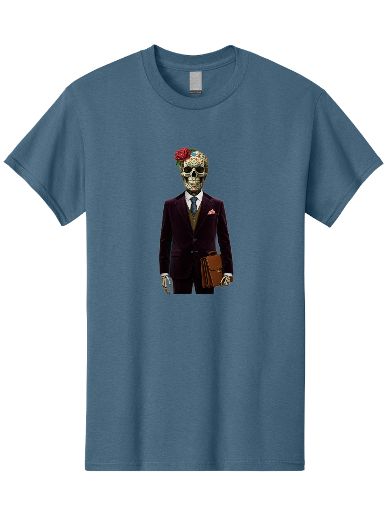 Sugar-Skull-Gentleman Men'S Graphic Tee, 100% Cotton, Comfortable Casual Summer Wear, Machine Washable, Sugar Skull, Businessman Attire, Formal Wear, Briefcase, Day Of The Dead, Colorful Skull, Decorated Skull, Skeleton Hand, Formal Suit, Bad784 2