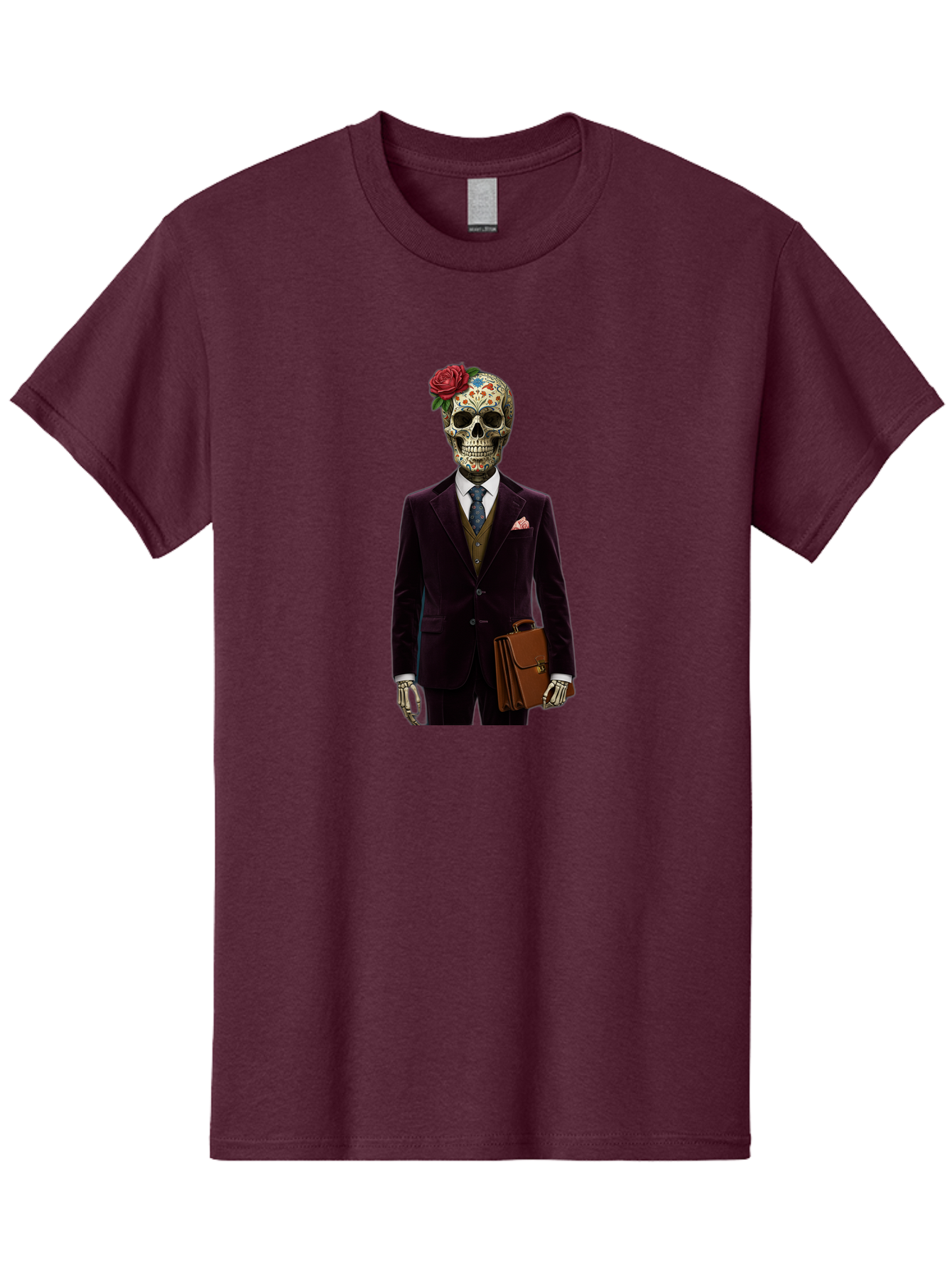 Sugar-Skull-Gentleman Men'S Graphic Tee, 100% Cotton, Comfortable Casual Summer Wear, Machine Washable, Sugar Skull, Businessman Attire, Formal Wear, Briefcase, Day Of The Dead, Colorful Skull, Decorated Skull, Skeleton Hand, Formal Suit, Bad784 1