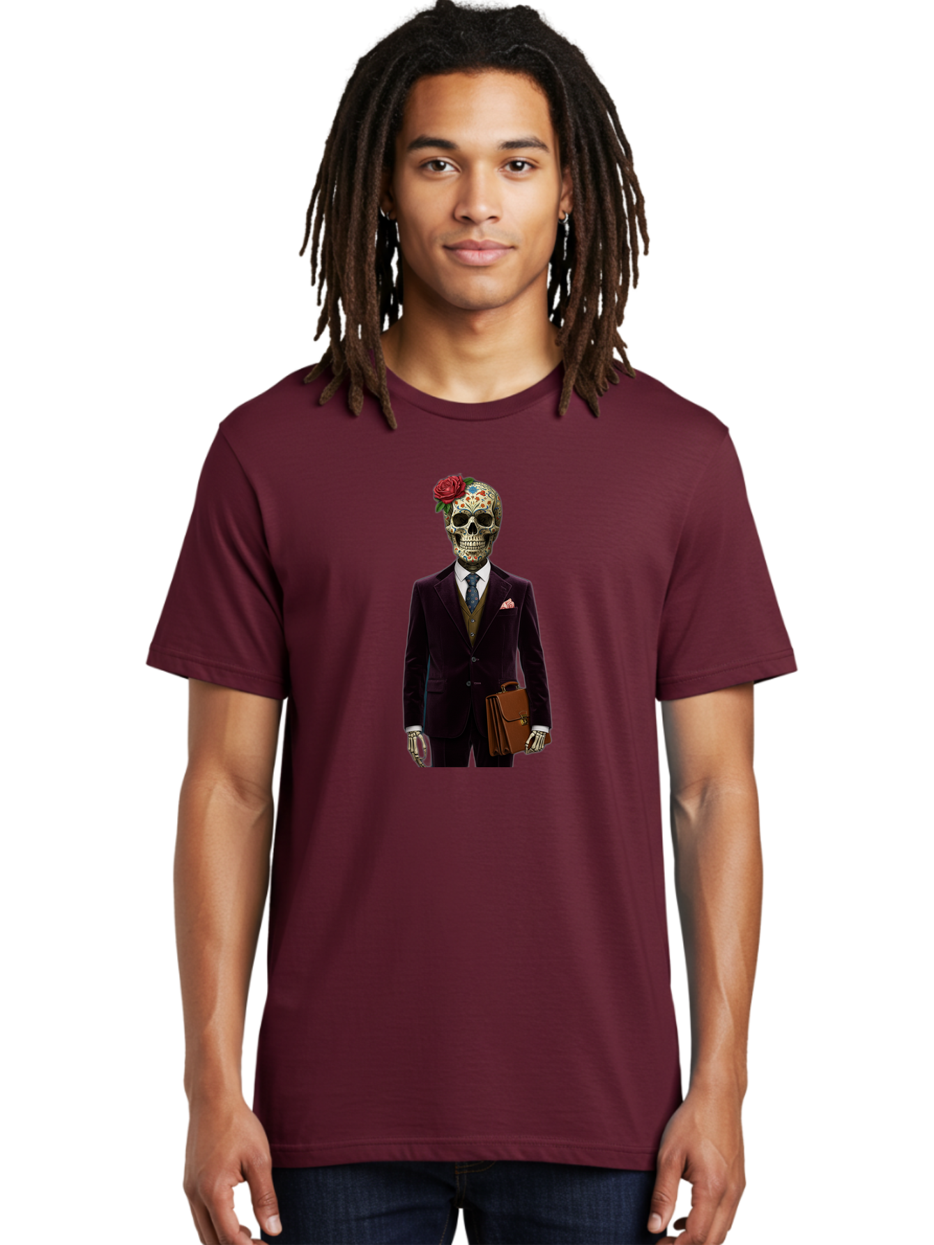 Sugar-Skull-Gentleman Men'S Graphic Tee, 100% Cotton, Comfortable Casual Summer Wear, Machine Washable, Sugar Skull, Businessman Attire, Formal Wear, Briefcase, Day Of The Dead, Colorful Skull, Decorated Skull, Skeleton Hand, Formal Suit, Bad784 16