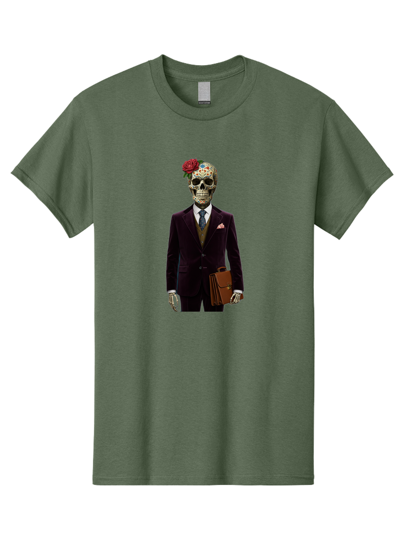 Sugar-Skull-Gentleman Men'S Graphic Tee, 100% Cotton, Comfortable Casual Summer Wear, Machine Washable, Sugar Skull, Businessman Attire, Formal Wear, Briefcase, Day Of The Dead, Colorful Skull, Decorated Skull, Skeleton Hand, Formal Suit, Bad784 9