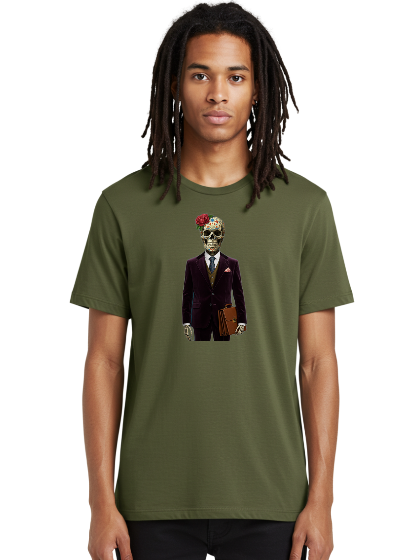 Sugar-Skull-Gentleman Men'S Graphic Tee, 100% Cotton, Comfortable Casual Summer Wear, Machine Washable, Sugar Skull, Businessman Attire, Formal Wear, Briefcase, Day Of The Dead, Colorful Skull, Decorated Skull, Skeleton Hand, Formal Suit, Bad784 24
