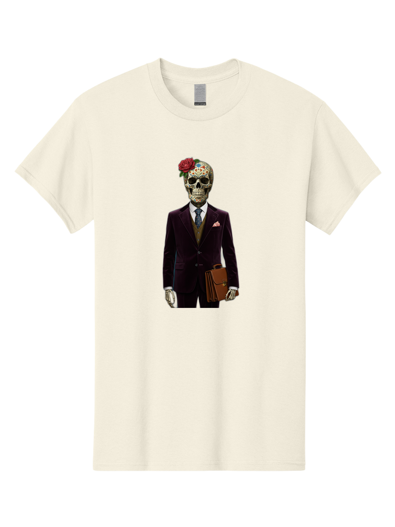 Sugar-Skull-Gentleman Men'S Graphic Tee, 100% Cotton, Comfortable Casual Summer Wear, Machine Washable, Sugar Skull, Businessman Attire, Formal Wear, Briefcase, Day Of The Dead, Colorful Skull, Decorated Skull, Skeleton Hand, Formal Suit, Bad784 7