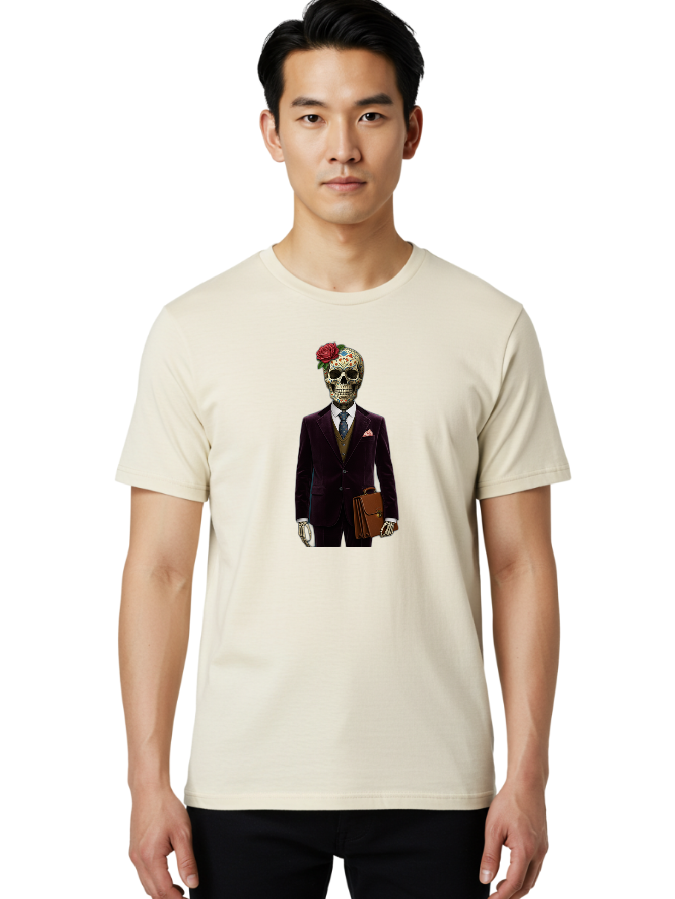 Sugar-Skull-Gentleman Men'S Graphic Tee, 100% Cotton, Comfortable Casual Summer Wear, Machine Washable, Sugar Skull, Businessman Attire, Formal Wear, Briefcase, Day Of The Dead, Colorful Skull, Decorated Skull, Skeleton Hand, Formal Suit, Bad784 22
